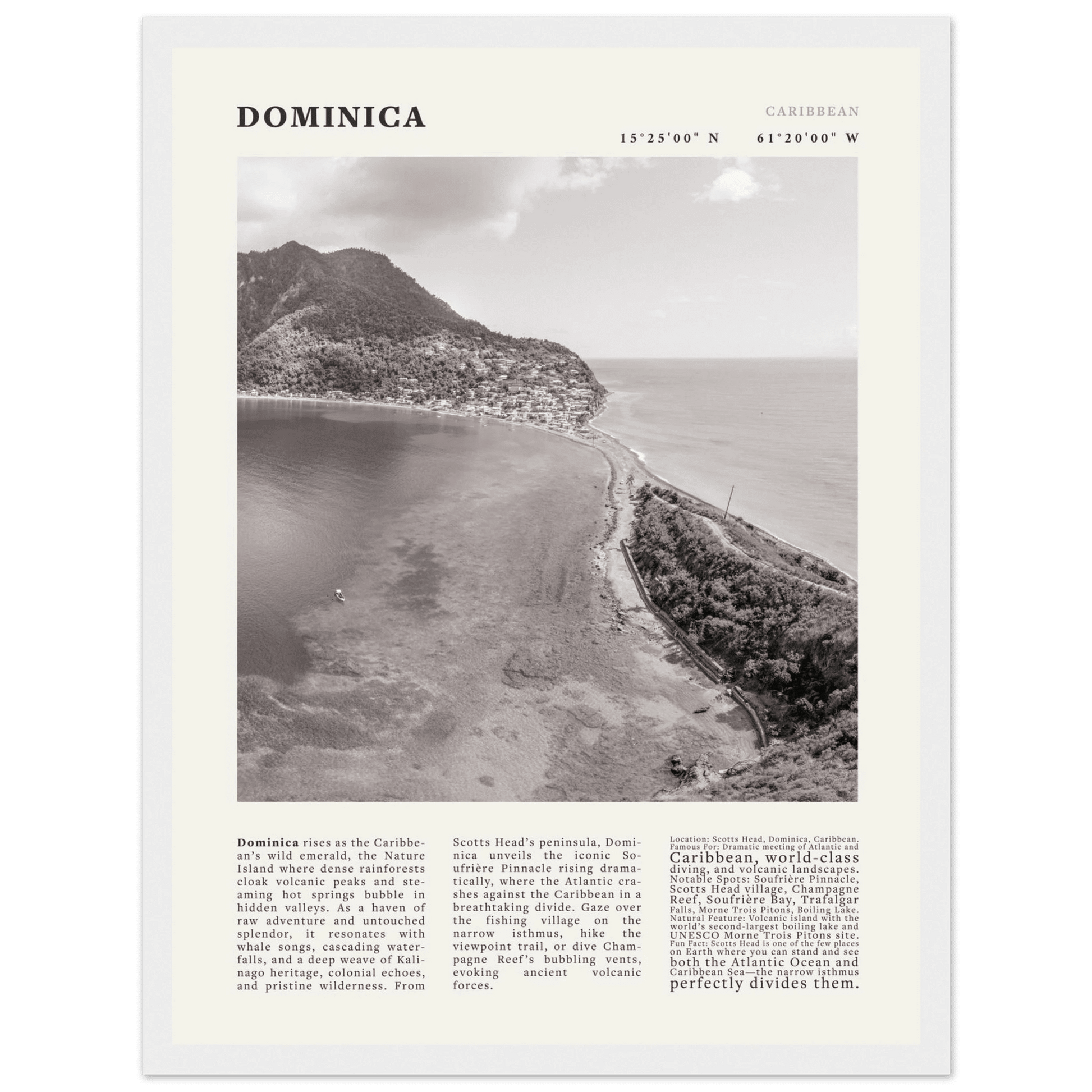 Dominica Poster Black and White – Vintage Caribbean Rainforest Island Print (Digital & Printed Options) - Evergreen Posters