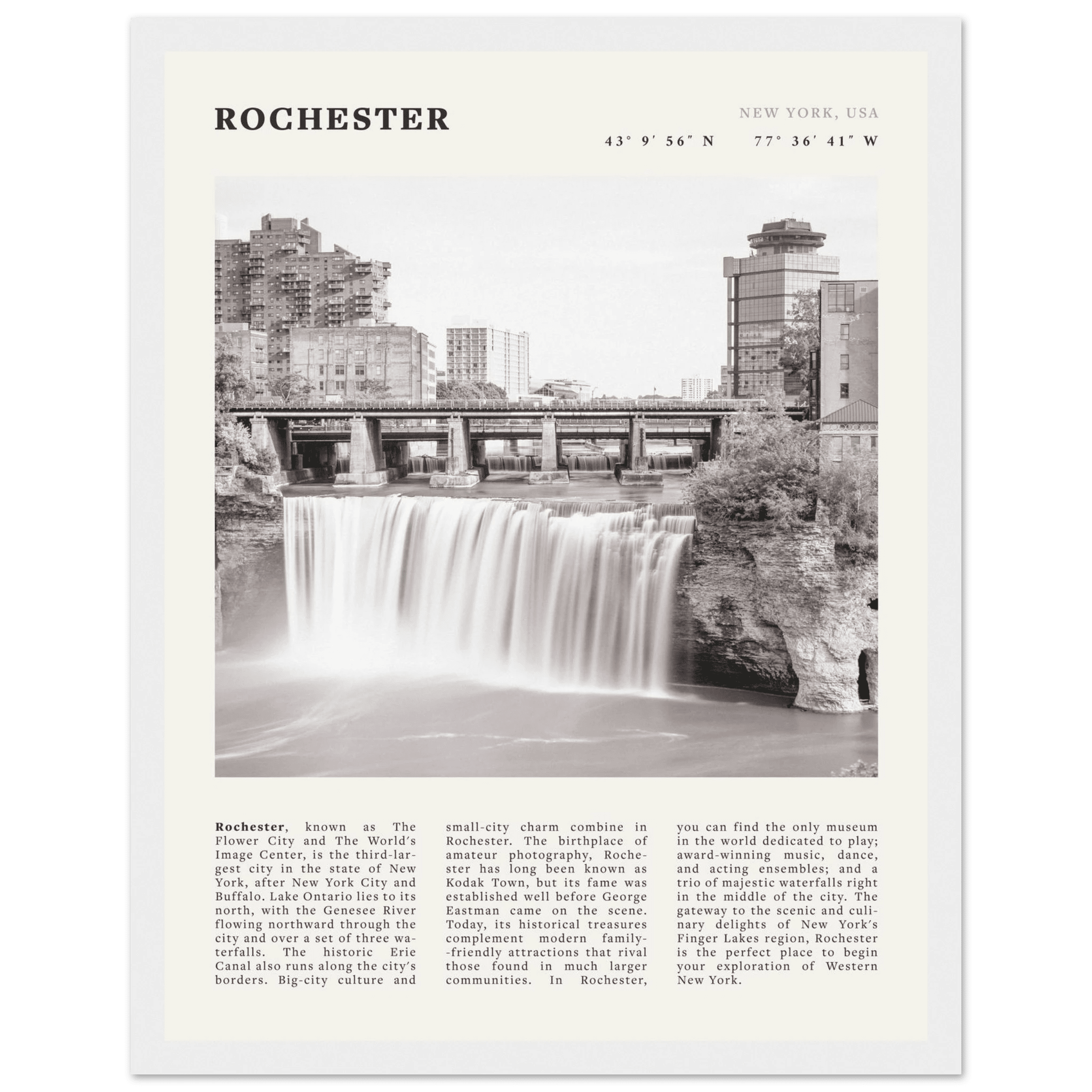 Rochester Poster | Black & White High Falls Wall Art | New York Travel Print - Evergreen Posters