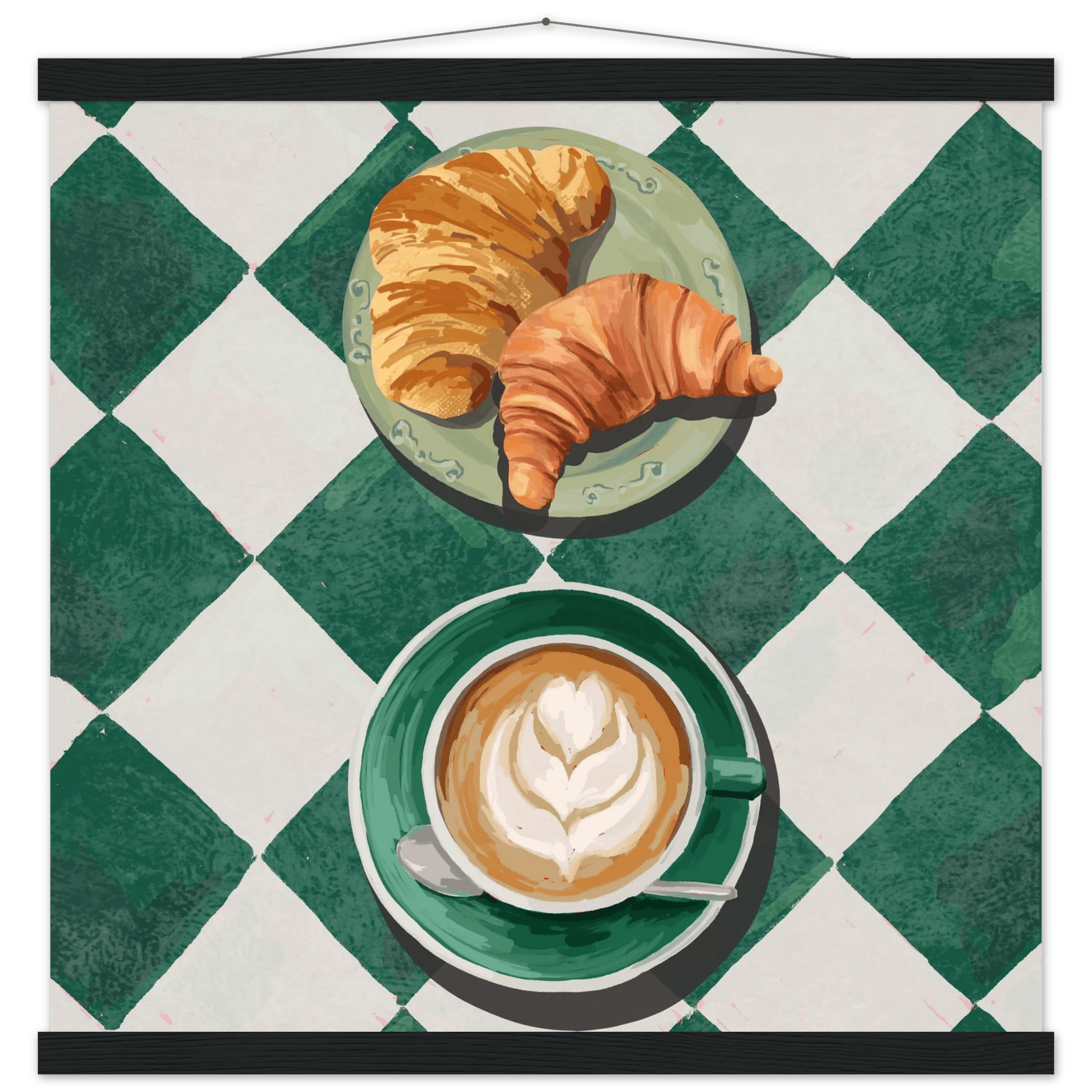 Croissant & Latte Poster | Classic Kitchen Wall Art | Green Tile Square Breakfast Print - Evergreen Posters - 35