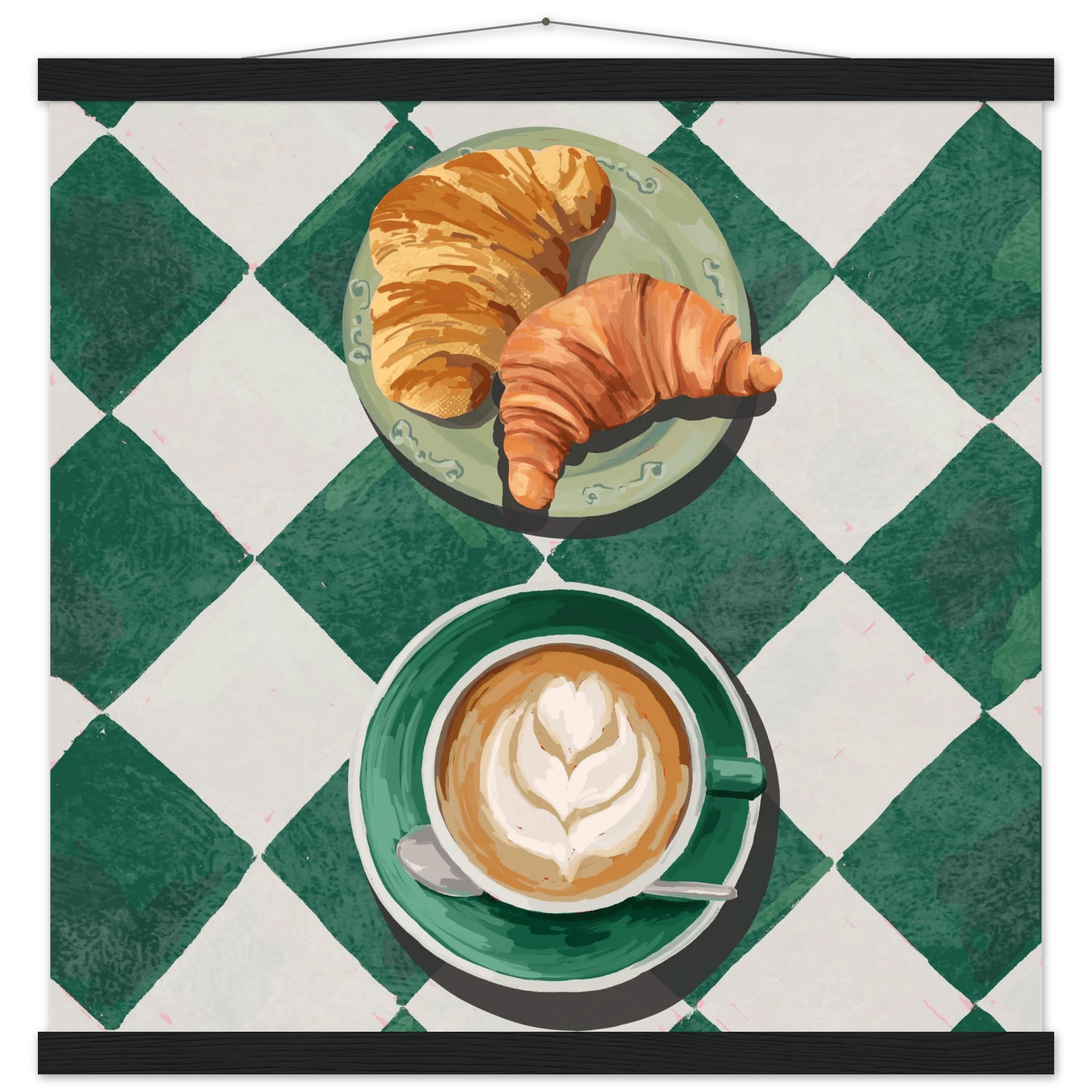 Croissant & Latte Poster | Classic Kitchen Wall Art | Green Tile Square Breakfast Print - Evergreen Posters - 35