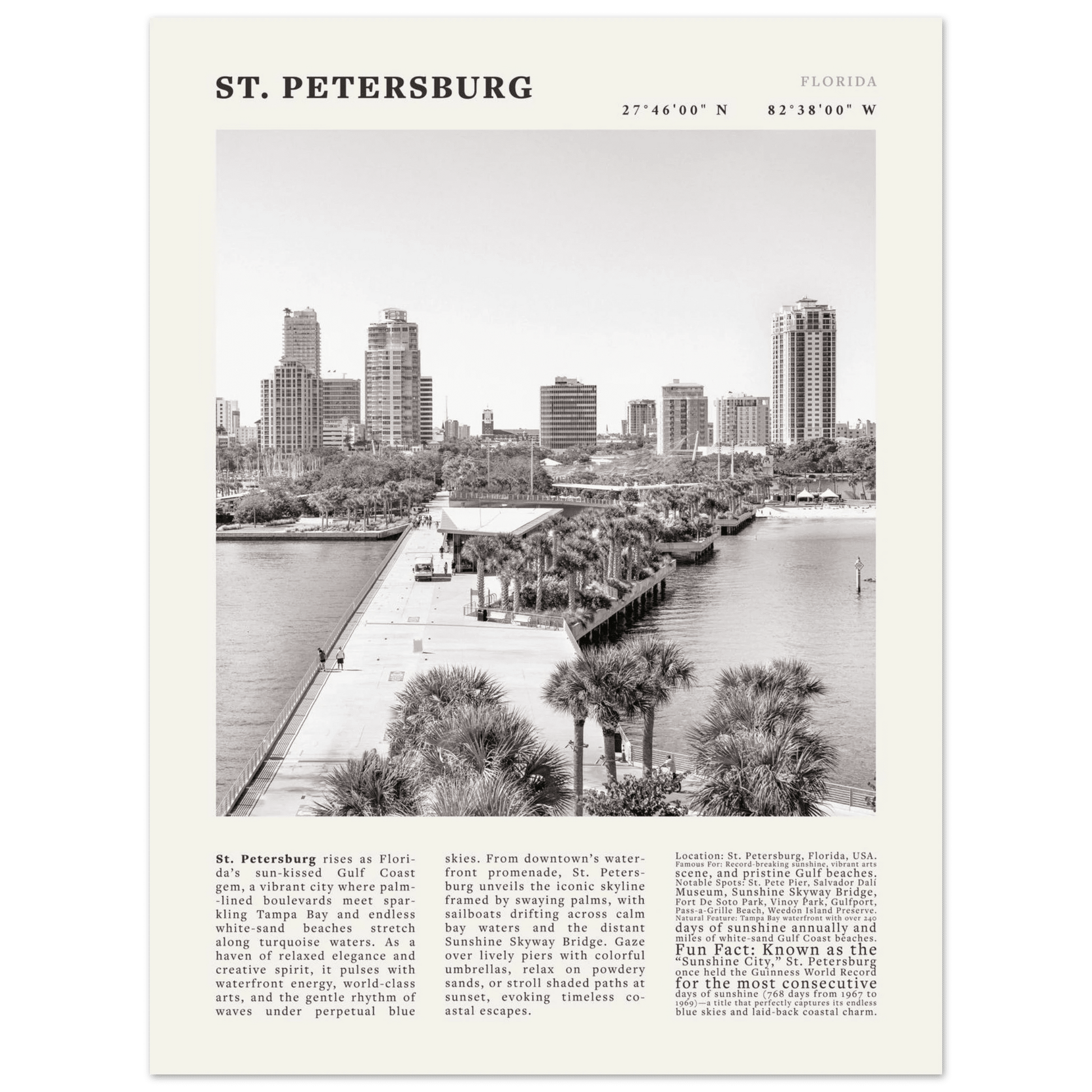 St. Petersburg Florida Poster Black and White – Vintage St Pete Skyline Print (Digital & Printed Options) - Evergreen Posters
