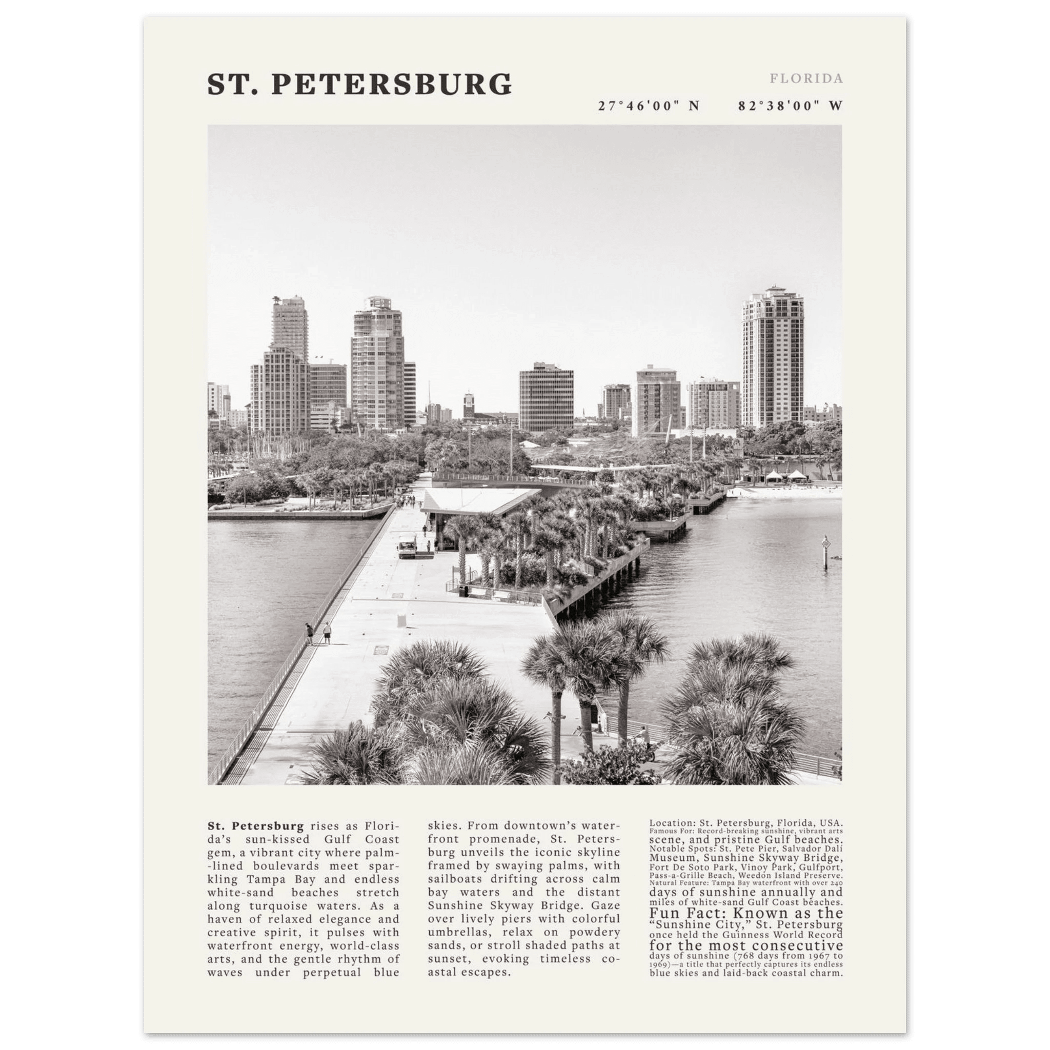 St. Petersburg Florida Poster Black and White – Vintage St Pete Skyline Print (Digital & Printed Options) - Evergreen Posters