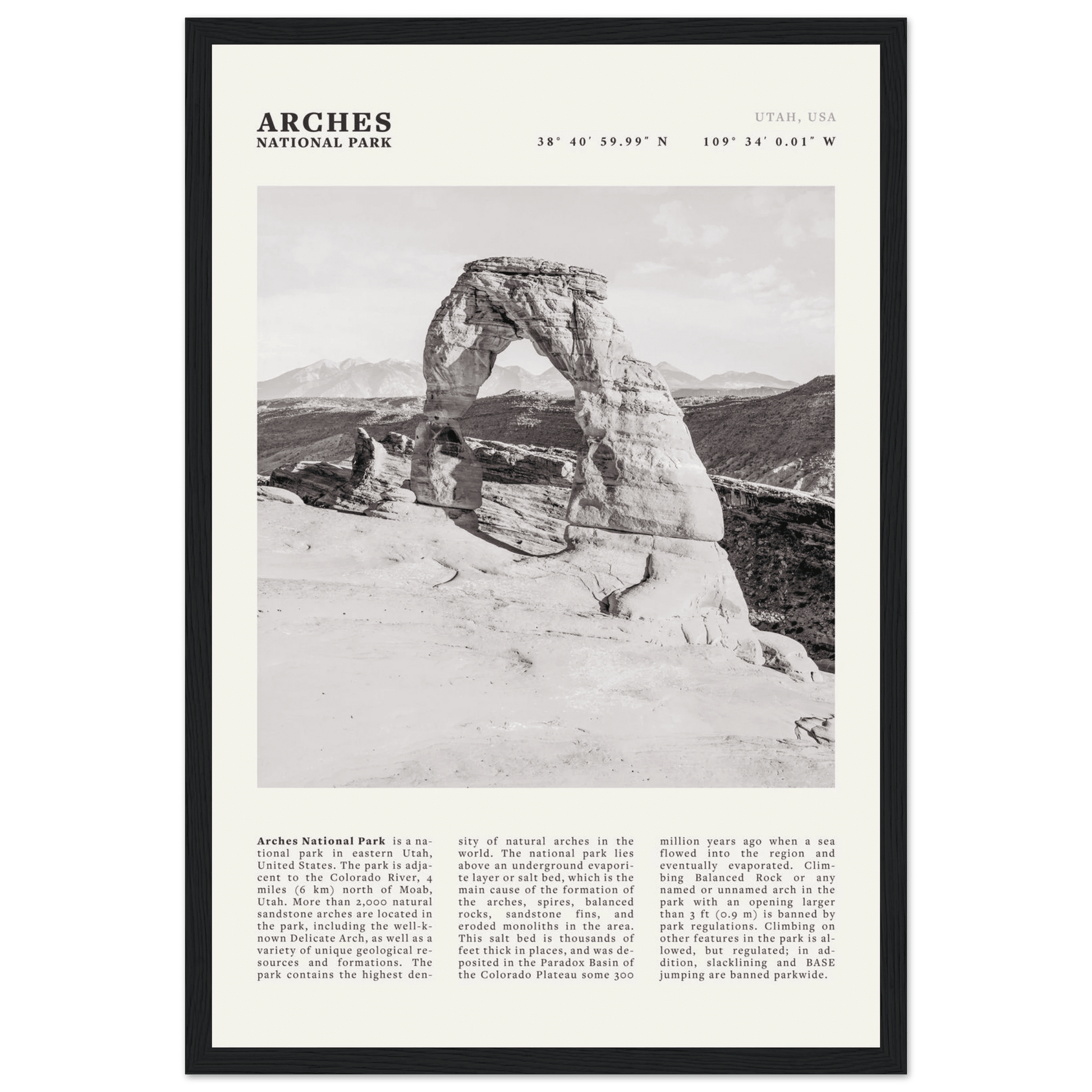 Arches National Park Poster | Black & White Utah Wall Art | Delicate Arch Print - Evergreen Posters