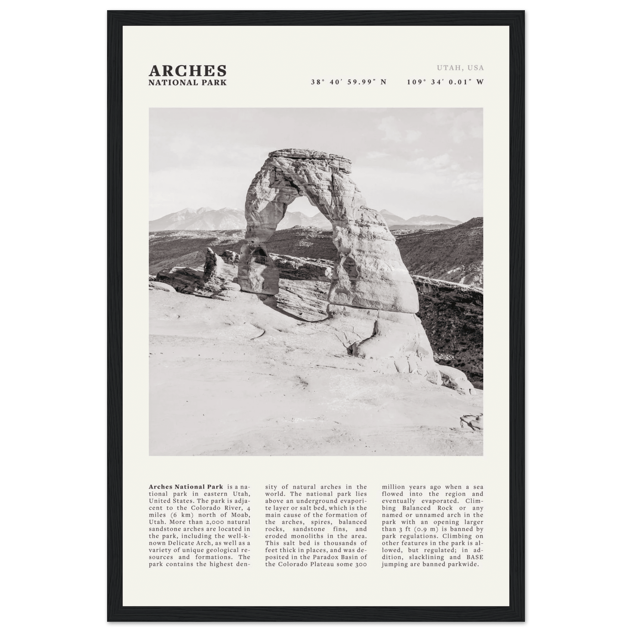 Arches National Park Poster | Black & White Utah Wall Art | Delicate Arch Print - Evergreen Posters