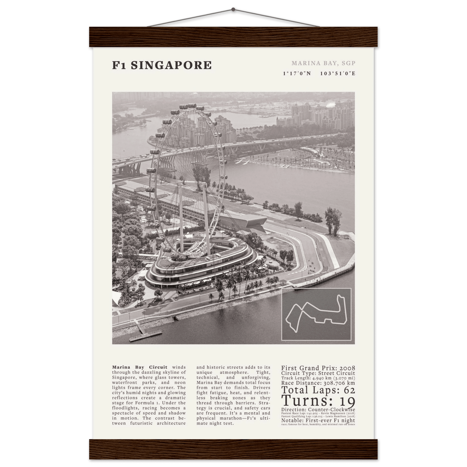 F1 Singapore Poster Black and White – Vintage Marina Bay Night Race Print (Digital & Printed Options) - Evergreen Posters