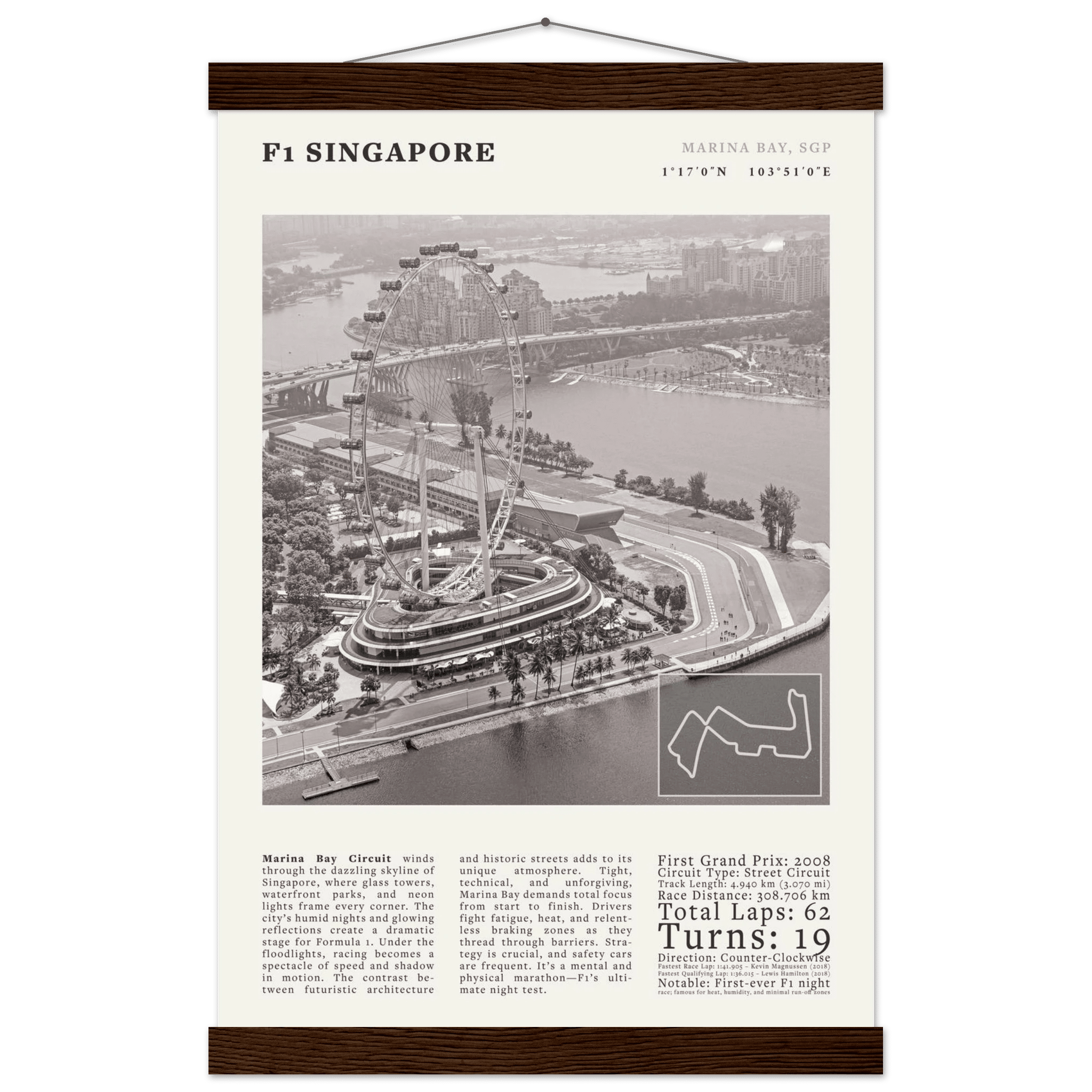 F1 Singapore Poster Black and White – Vintage Marina Bay Night Race Print (Digital & Printed Options) - Evergreen Posters