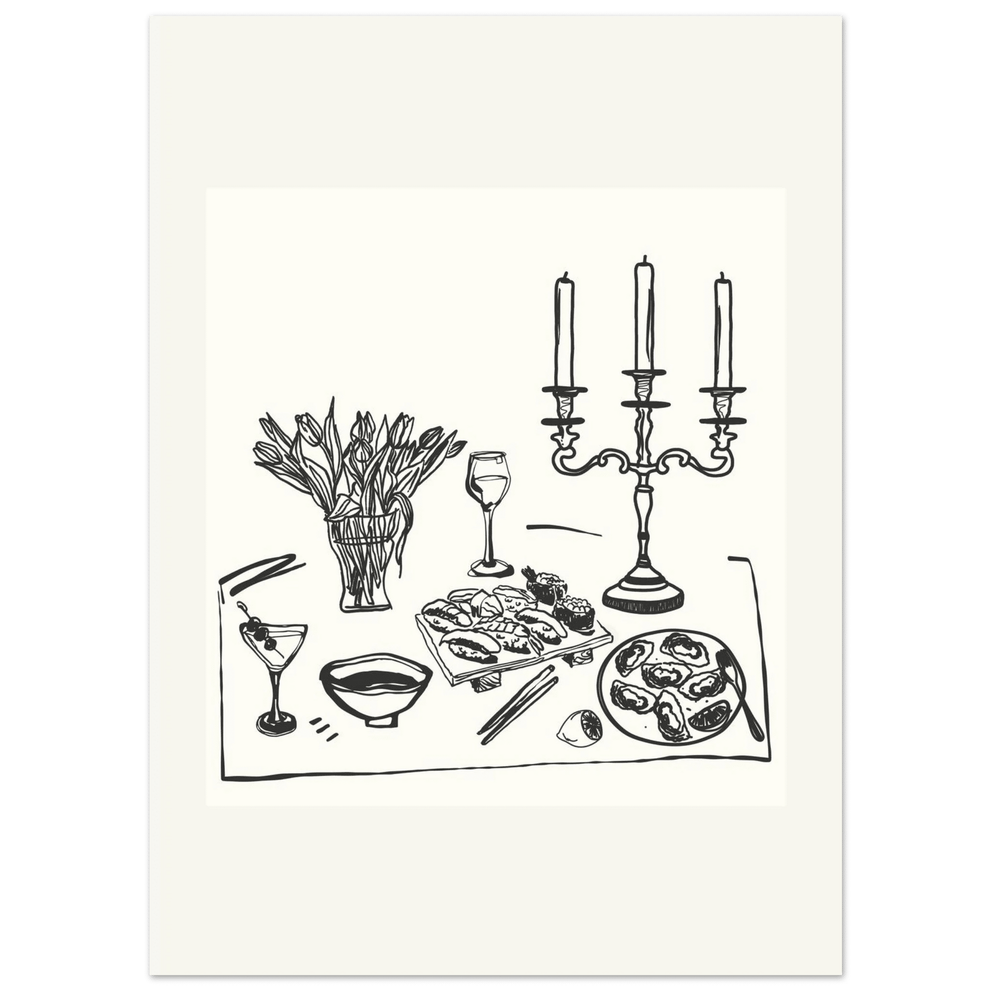 Fine Dining Table Print | Black Line Art Kitchen Wall Art | Elegant Dining Room Poster - Evergreen Posters