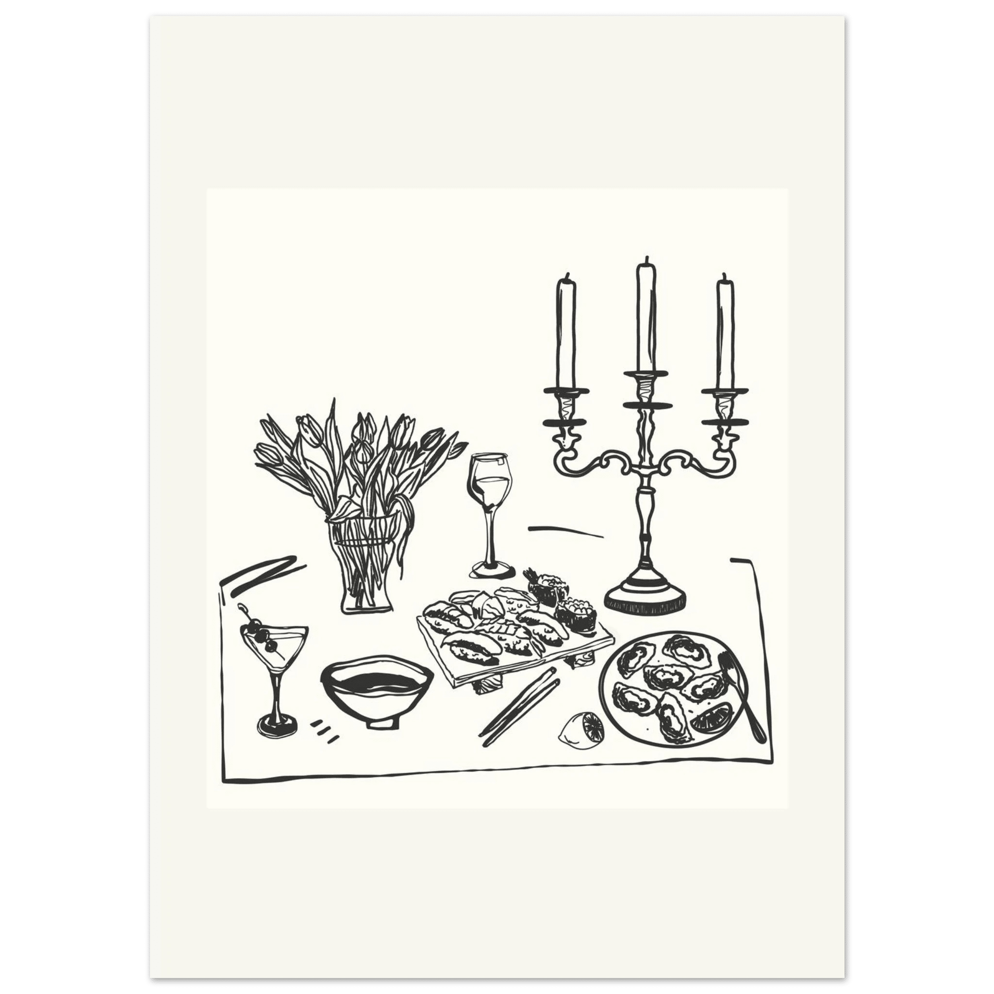 Fine Dining Table Print | Black Line Art Kitchen Wall Art | Elegant Dining Room Poster - Evergreen Posters