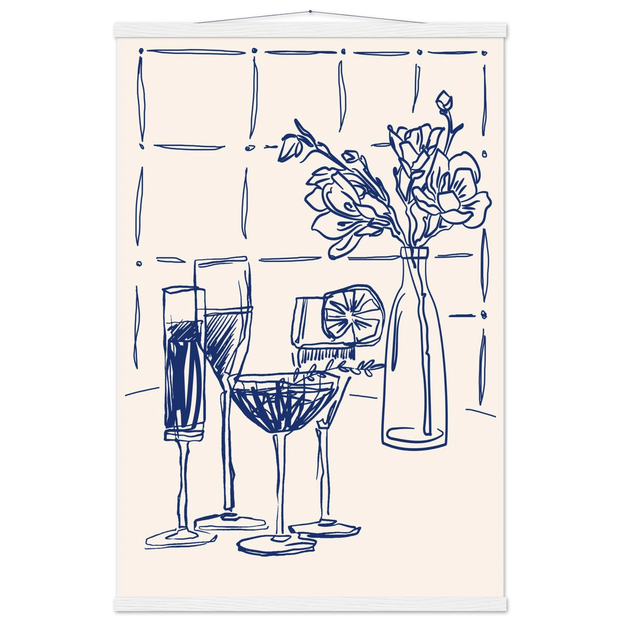 Cocktails & Flowers Print | Navy Blue Line Art Drinks Wall Art | Kitchen Bar Poster - Evergreen Posters