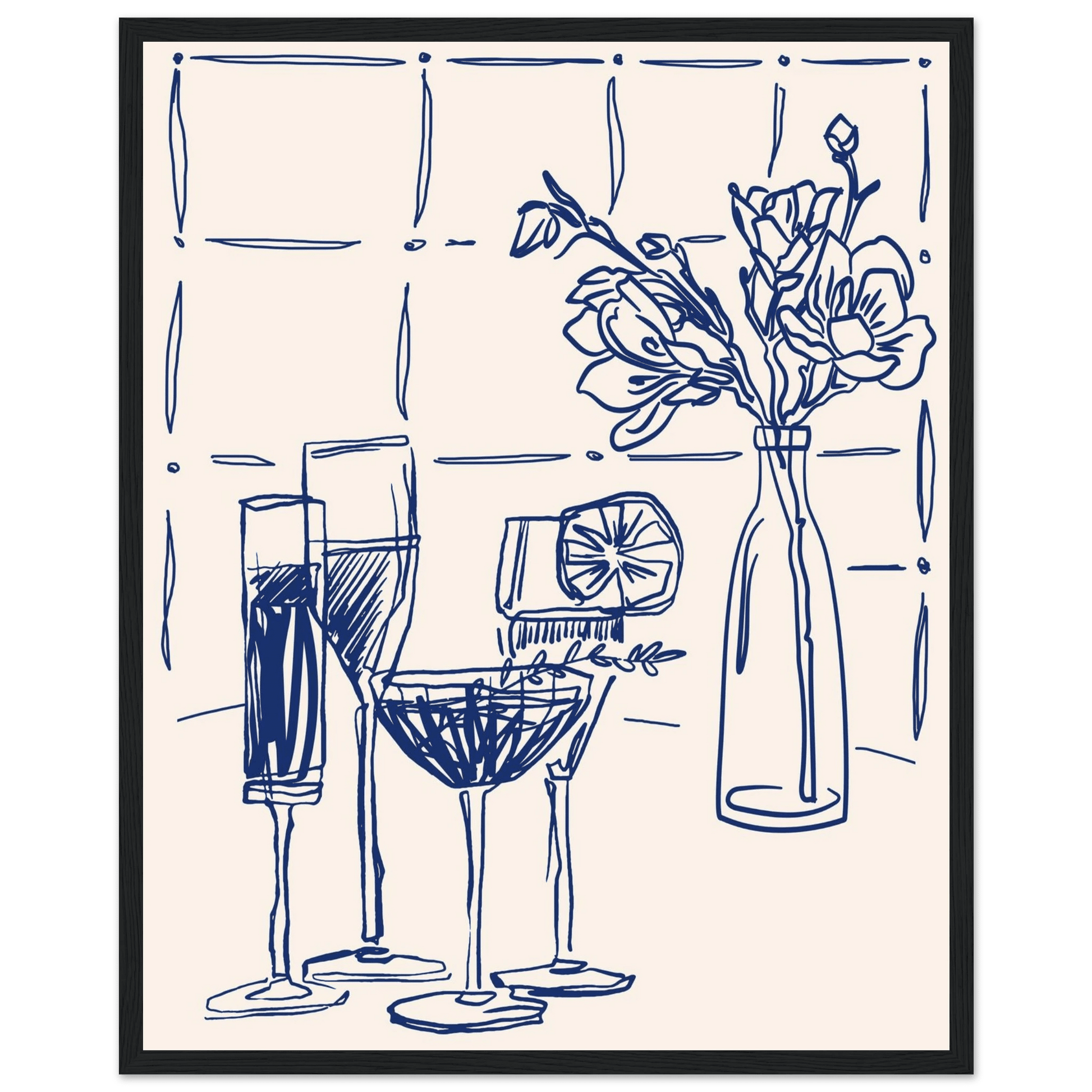 Cocktails & Flowers Print | Navy Blue Line Art Drinks Wall Art | Kitchen Bar Poster - Evergreen Posters