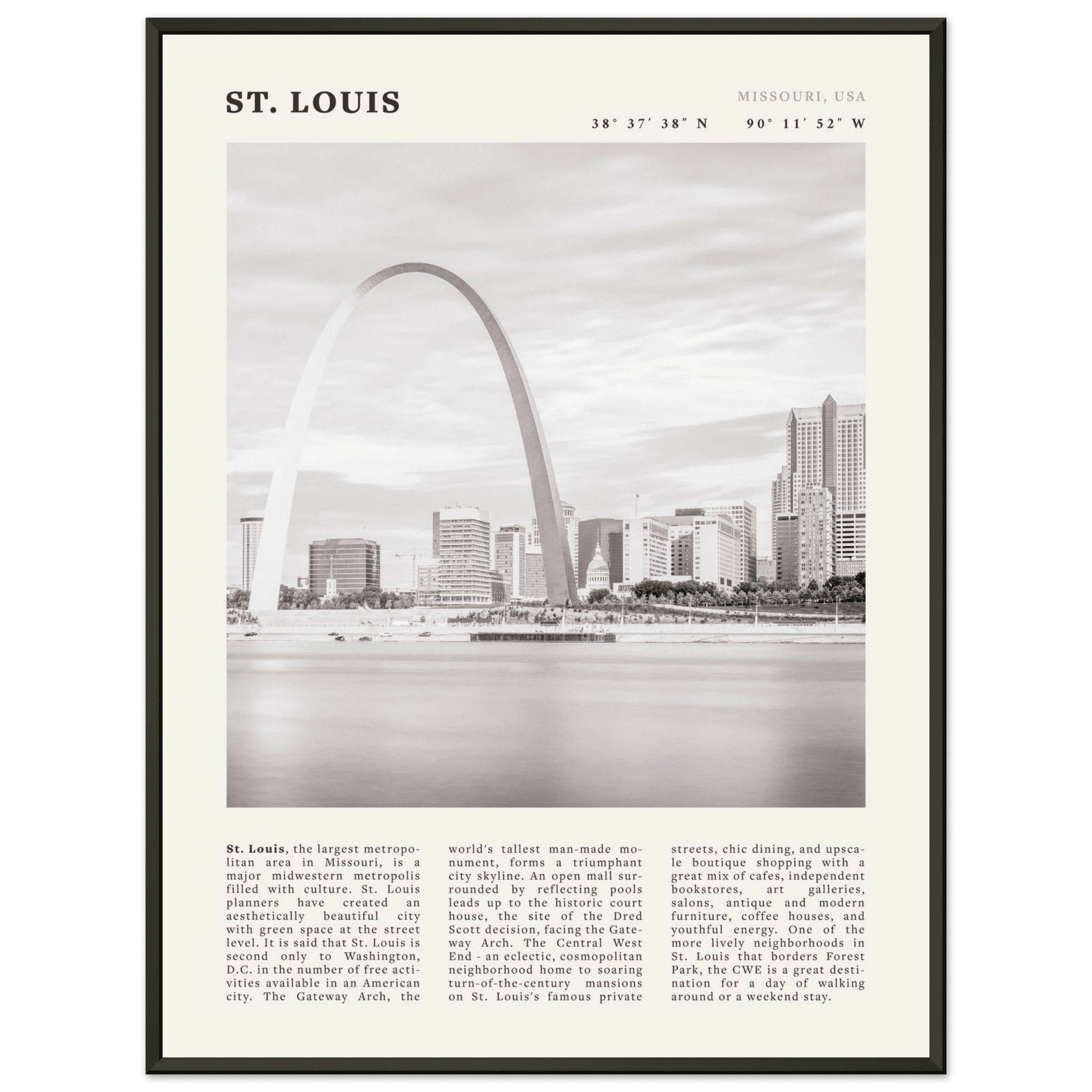 St. Louis Poster | Black & White Gateway Arch Wall Art | Missouri Travel Print - Evergreen Posters