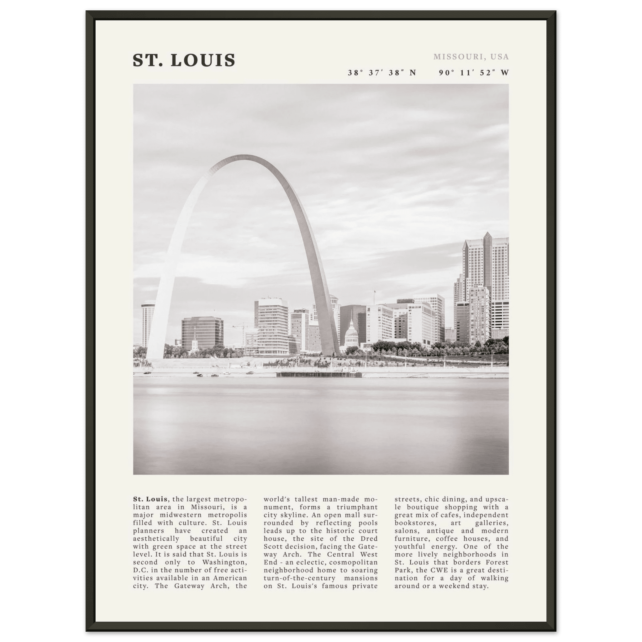 St. Louis Poster | Black & White Gateway Arch Wall Art | Missouri Travel Print - Evergreen Posters
