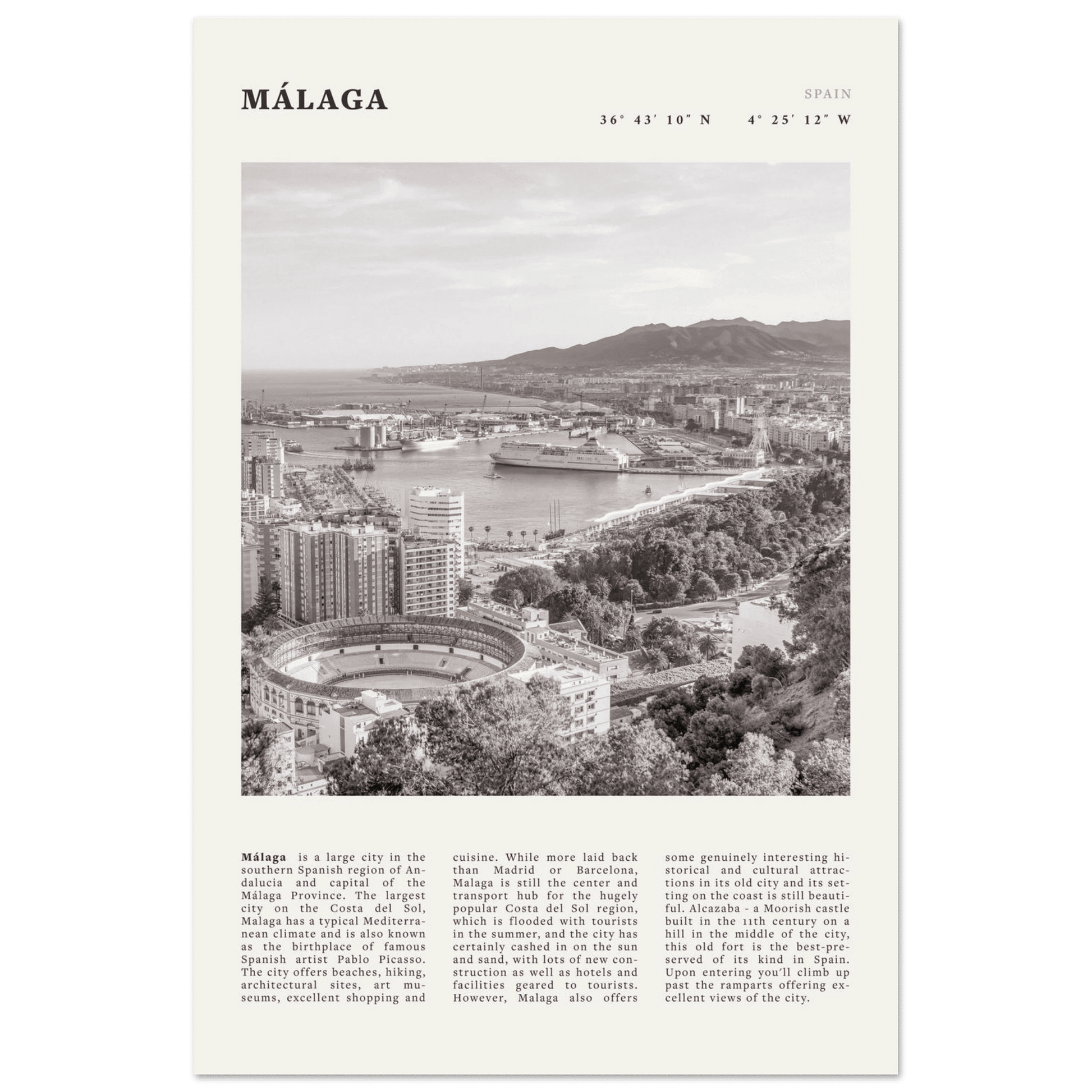Málaga Poster | Black & White Costa del Sol Wall Art | Spain Travel Print - Evergreen Posters