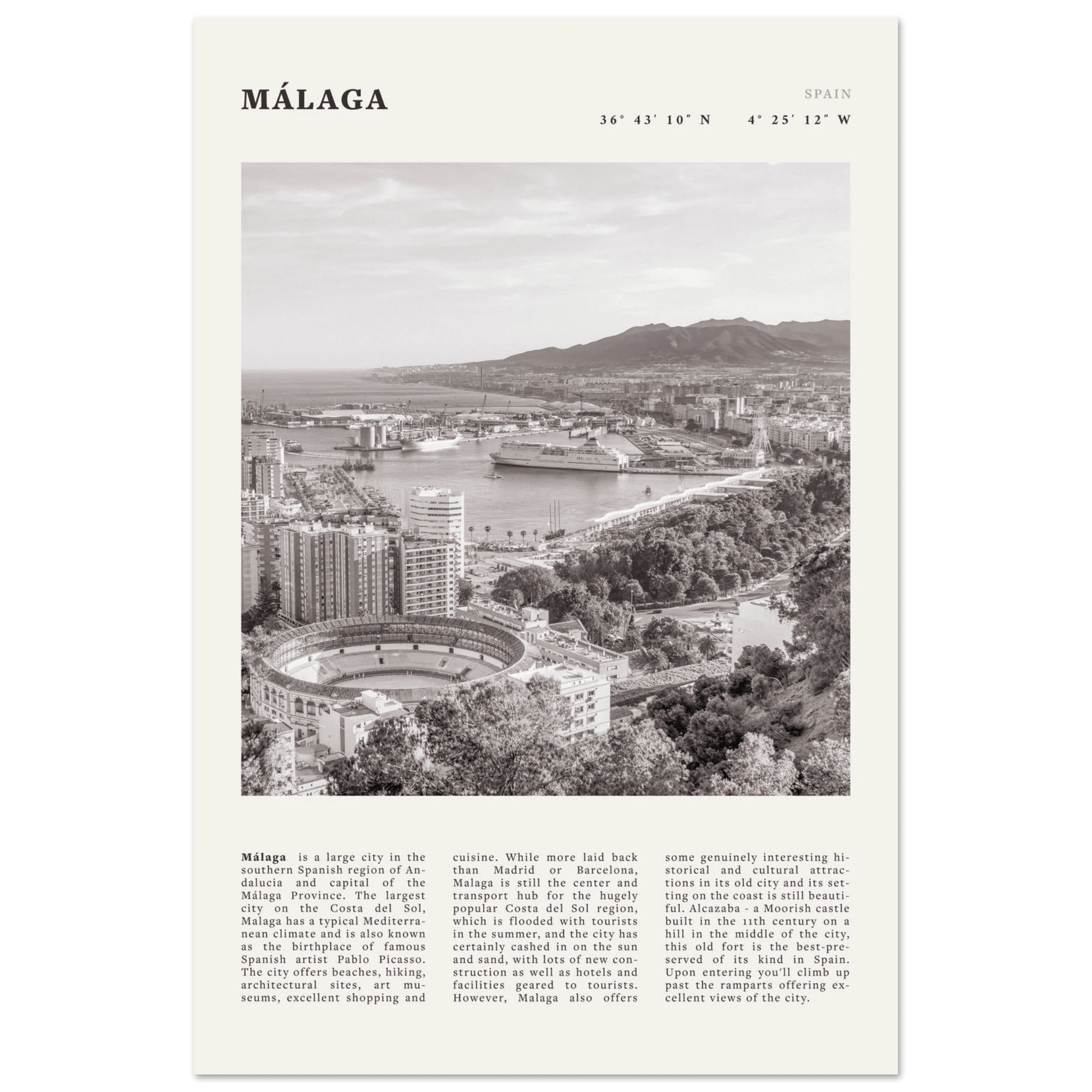 Málaga Poster | Black & White Costa del Sol Wall Art | Spain Travel Print - Evergreen Posters