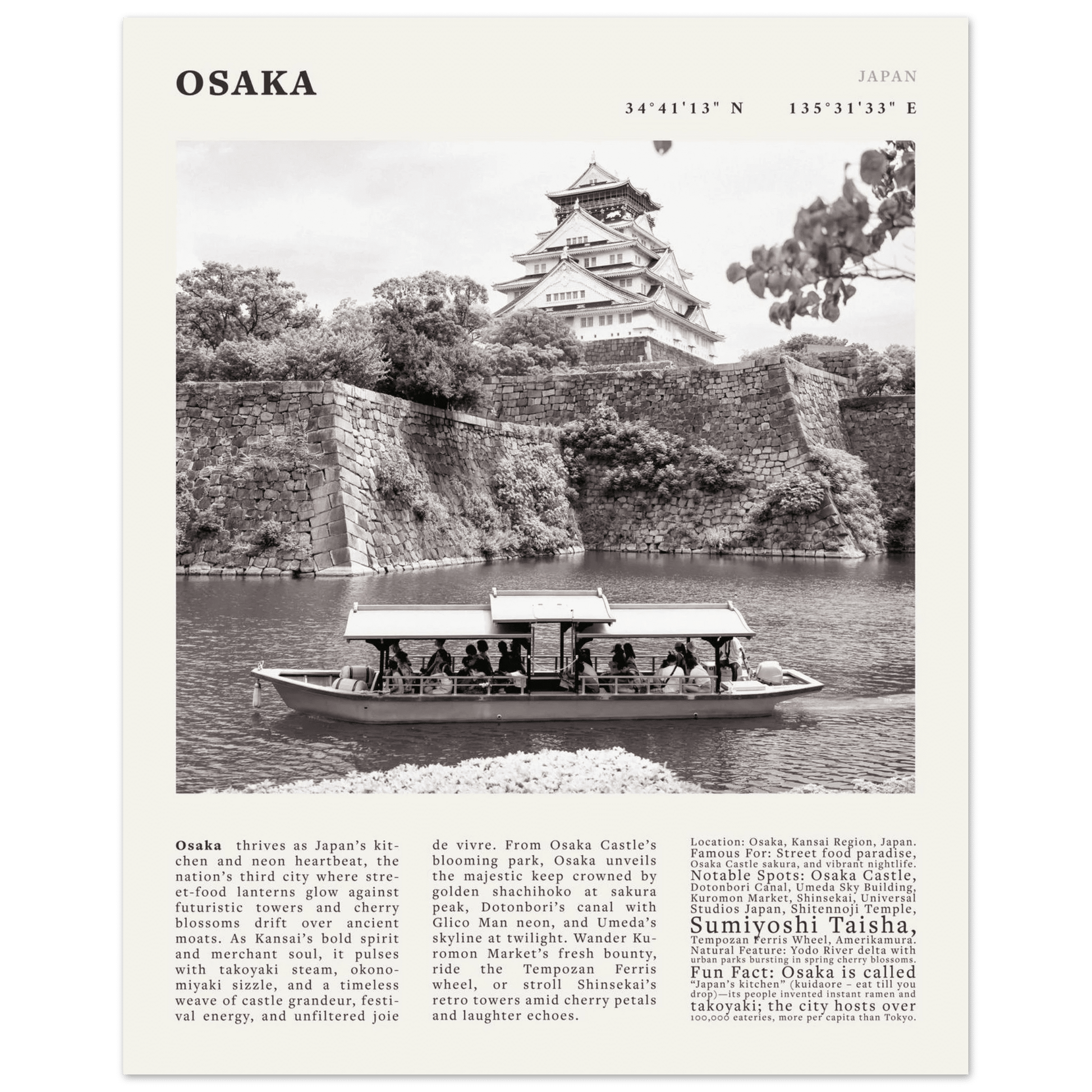 Osaka Poster Black and White – Vintage Osaka Castle Cherry Blossom Print (Digital & Printed Options) - Evergreen Posters