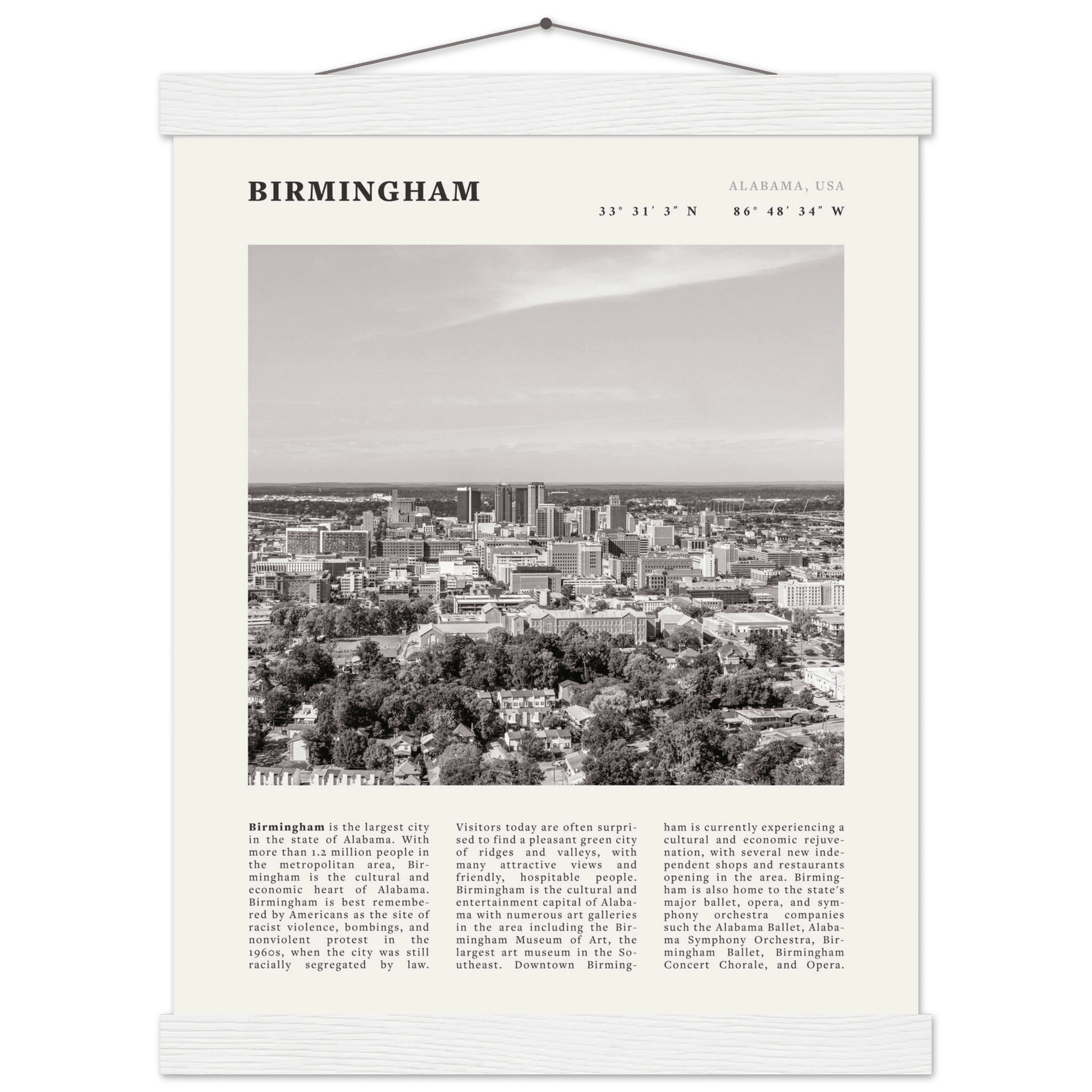 Birmingham Poster | Black & White Alabama Skyline Wall Art | AL Travel Print - Evergreen Posters