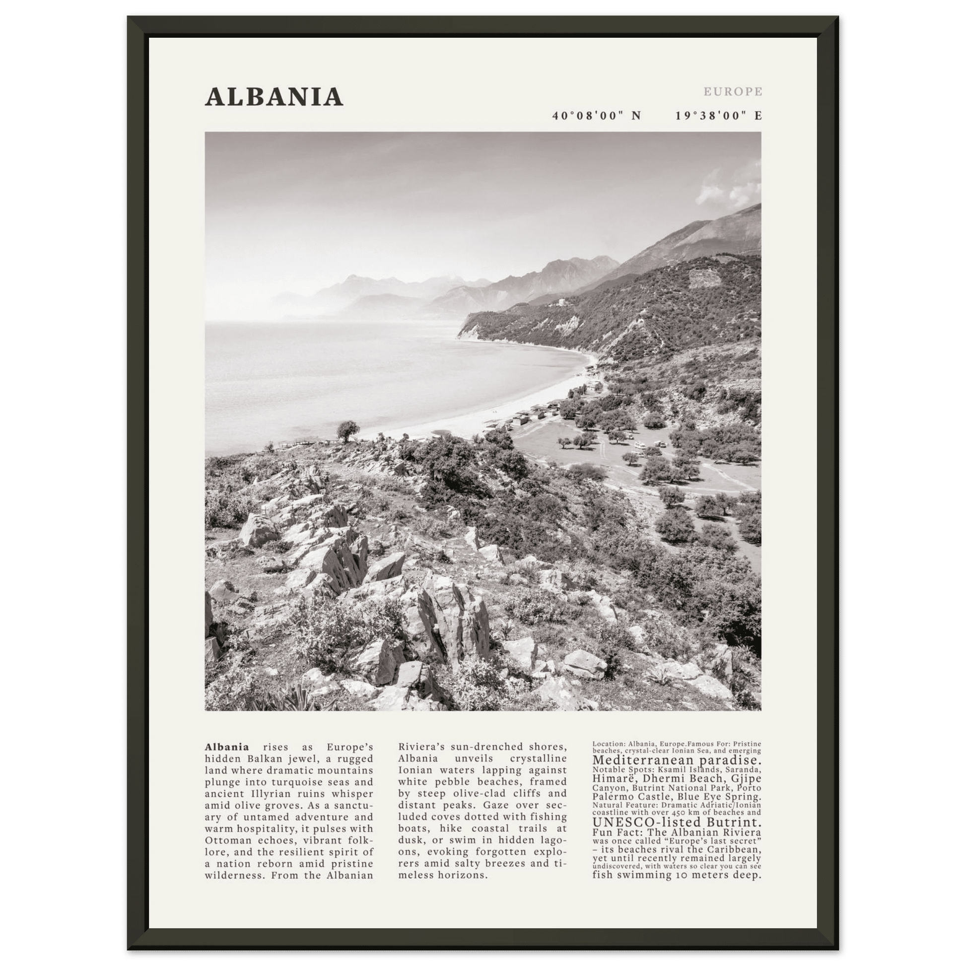 Albania Poster Black and White – Vintage Albanian Riviera Travel Print (Digital & Printed Options) - Evergreen Posters