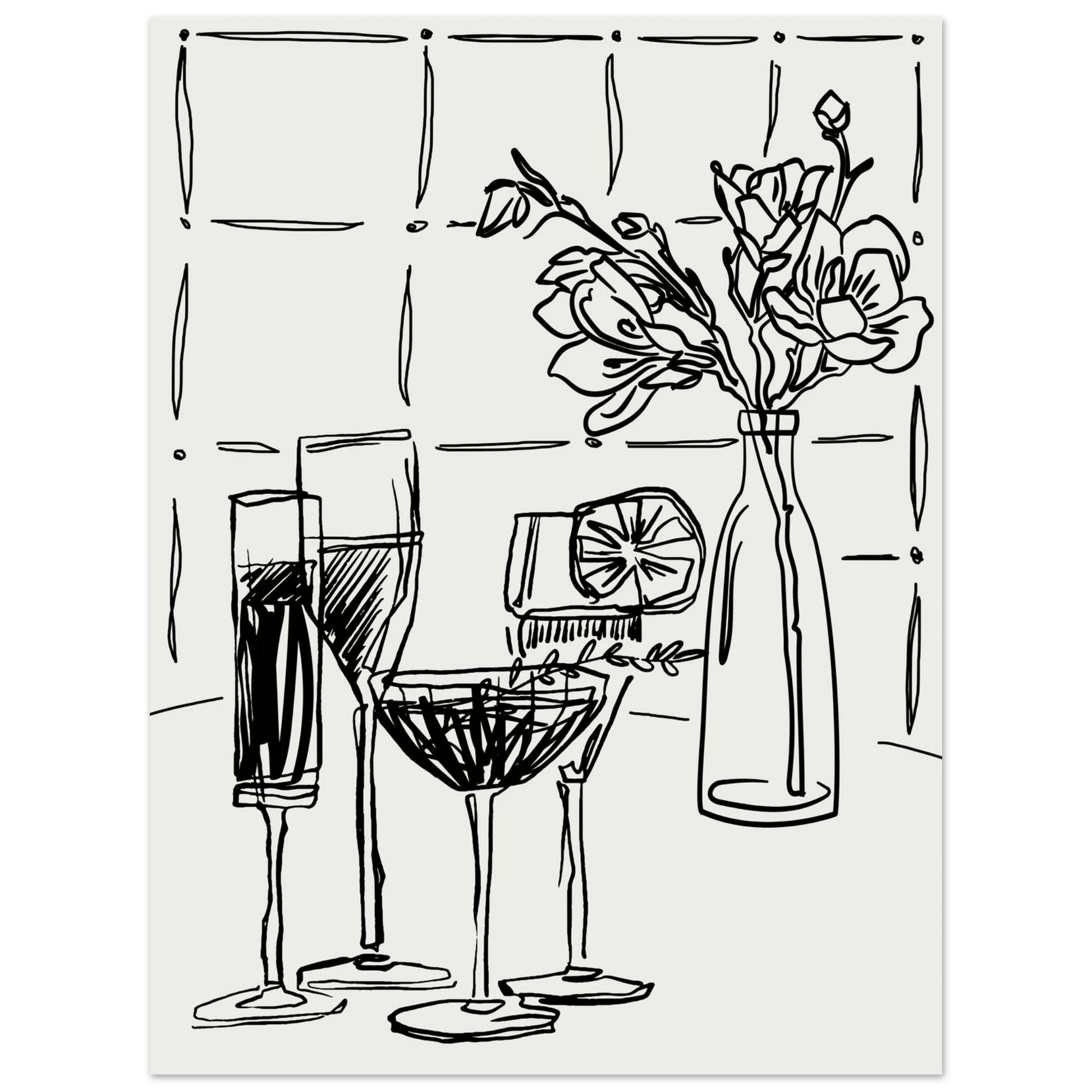 Cocktails & Flowers Print | Black Line Art Drinks Wall Art | Kitchen Bar Poster - Evergreen Posters