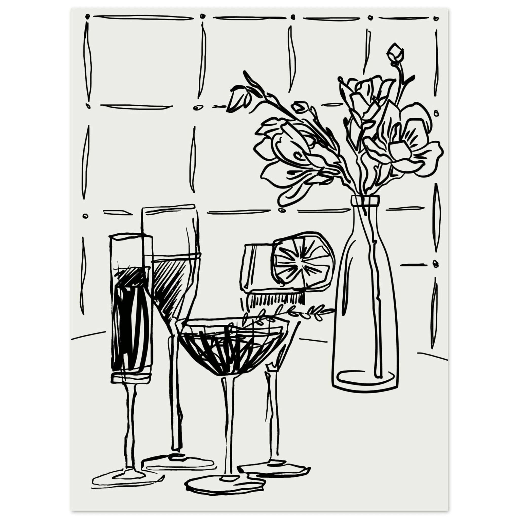 Cocktails & Flowers Print | Black Line Art Drinks Wall Art | Kitchen Bar Poster - Evergreen Posters
