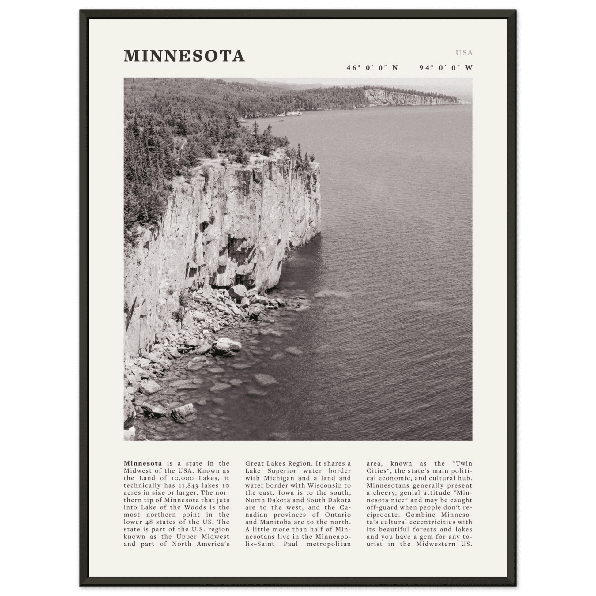 Minnesota Poster | Black & White Lake Superior Wall Art | USA Nature Travel Print - Evergreen Posters