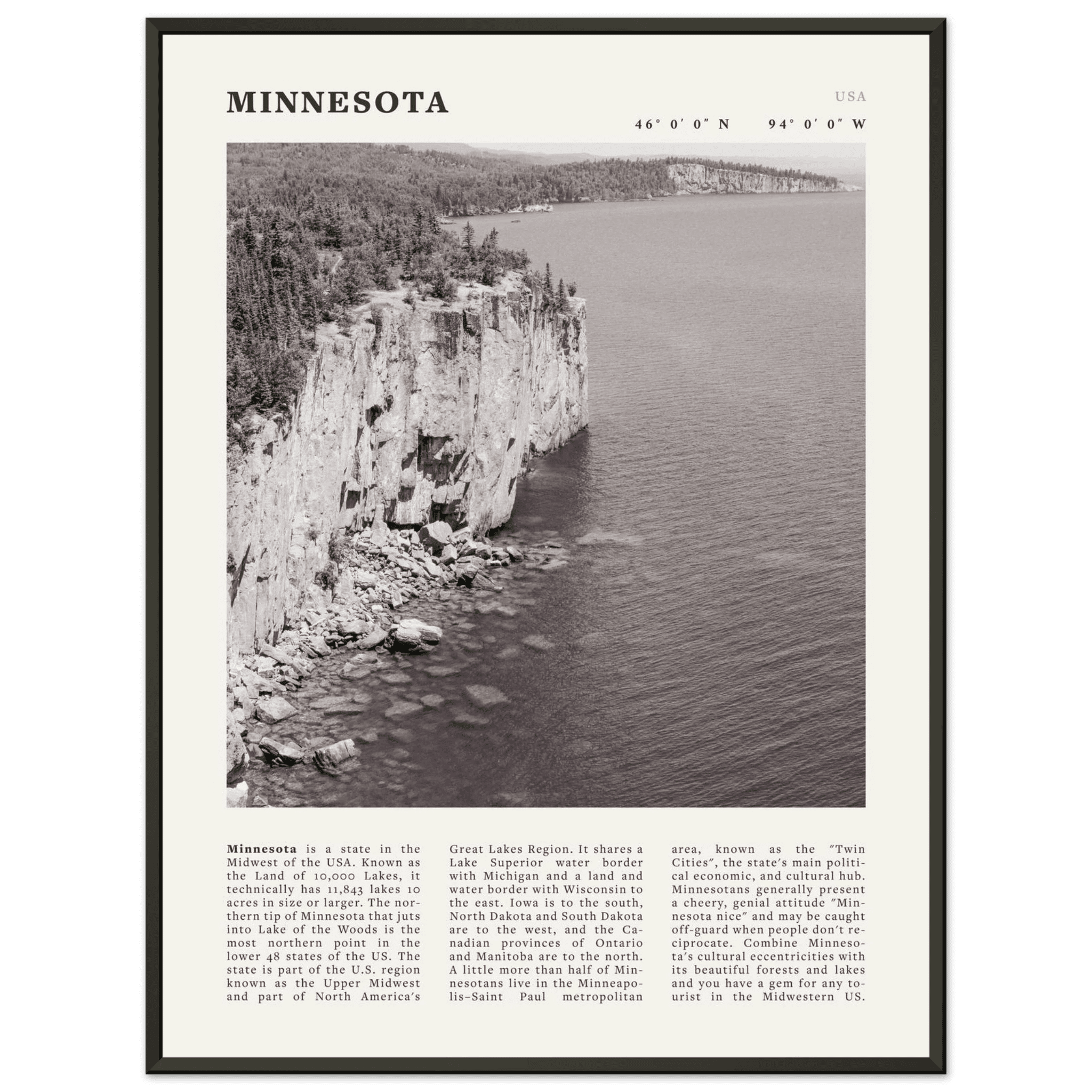 Minnesota Poster | Black & White Lake Superior Wall Art | USA Nature Travel Print - Evergreen Posters