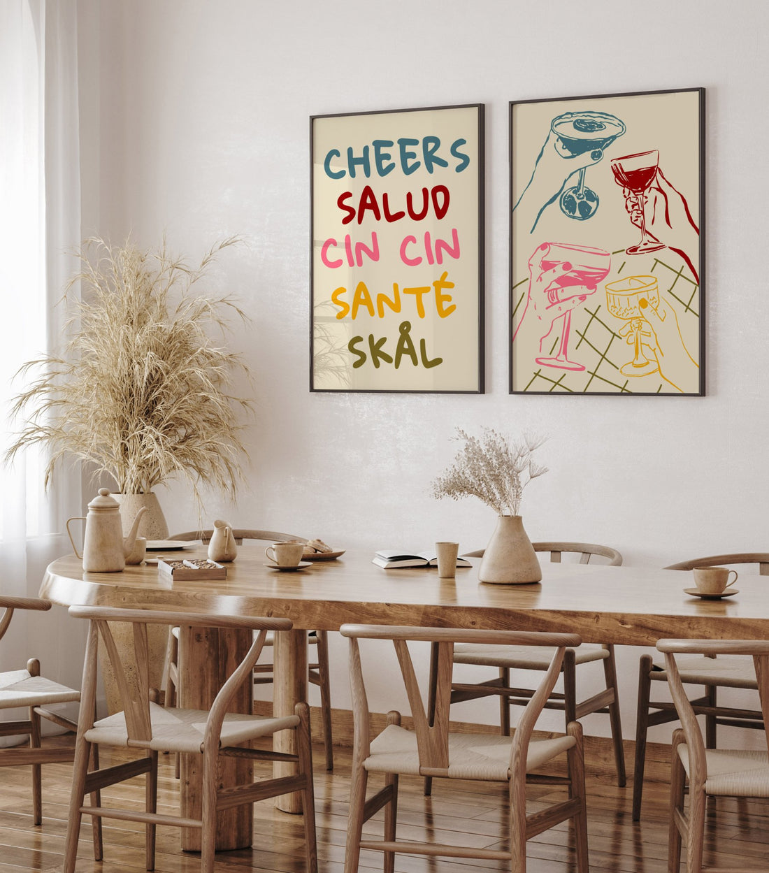 Cheers Salud Cin Cin Santé Skål | Set of 2 Colorful Bar Wall Art Prints | Kitchen Poster Set - Evergreen Posters