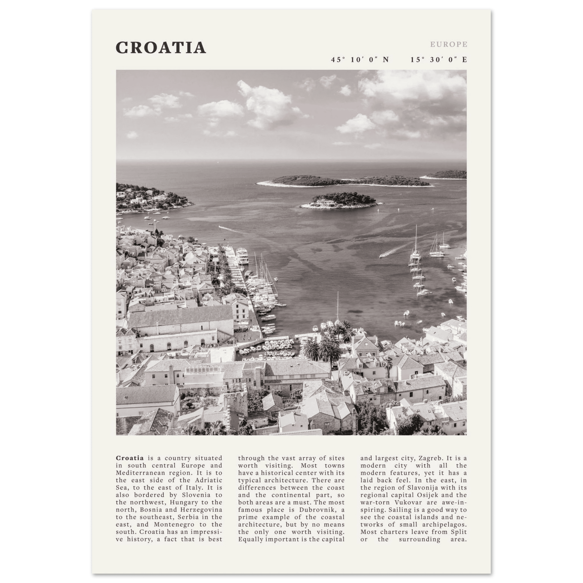 Croatia Poster | Black & White Hvar Island Wall Art | Adriatic Travel Print Decor - Evergreen Posters