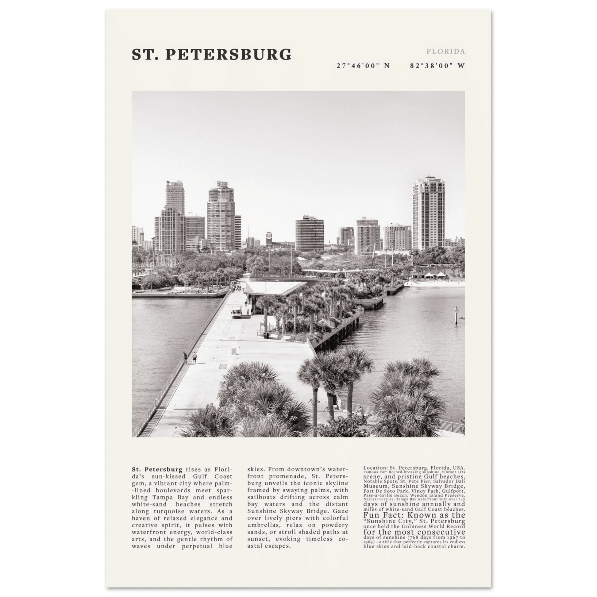St. Petersburg Florida Poster Black and White – Vintage St Pete Skyline Print (Digital & Printed Options) - Evergreen Posters
