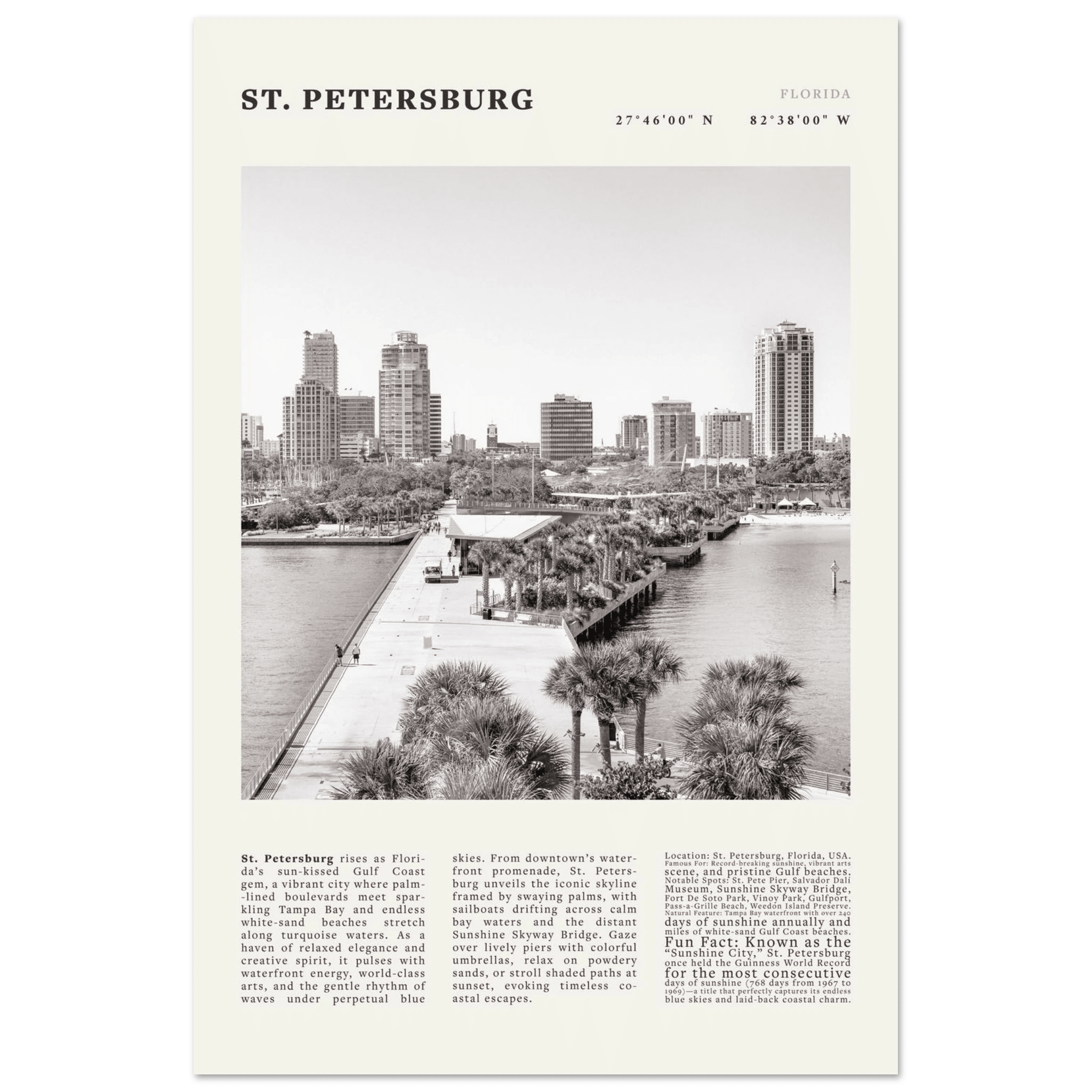 St. Petersburg Florida Poster Black and White – Vintage St Pete Skyline Print (Digital & Printed Options) - Evergreen Posters