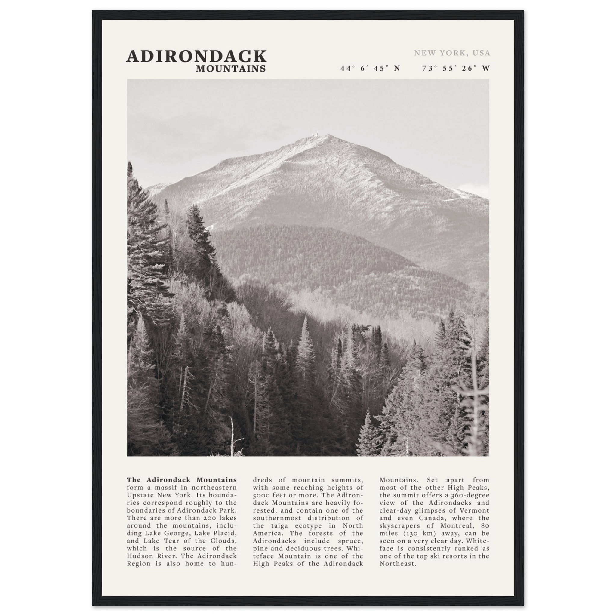 Adirondack Mountains Poster | Black & White New York Nature Wall Art | Hiking Print - Evergreen Posters