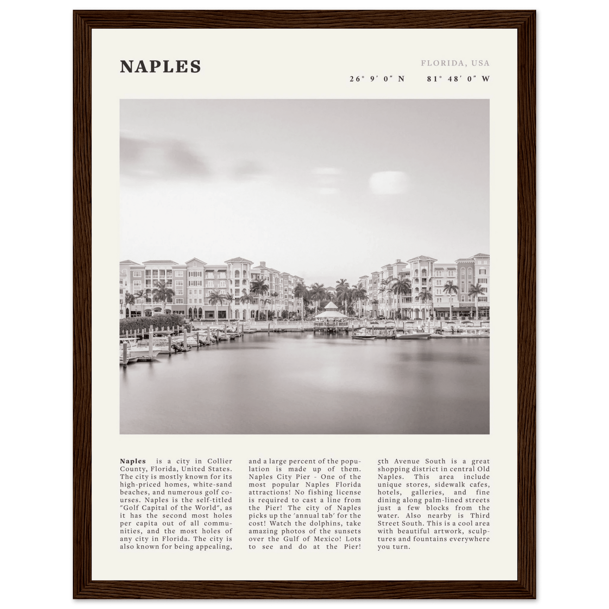 Naples Florida Poster | Black & White Gulf Coast Wall Art | FL Travel Print - Evergreen Posters