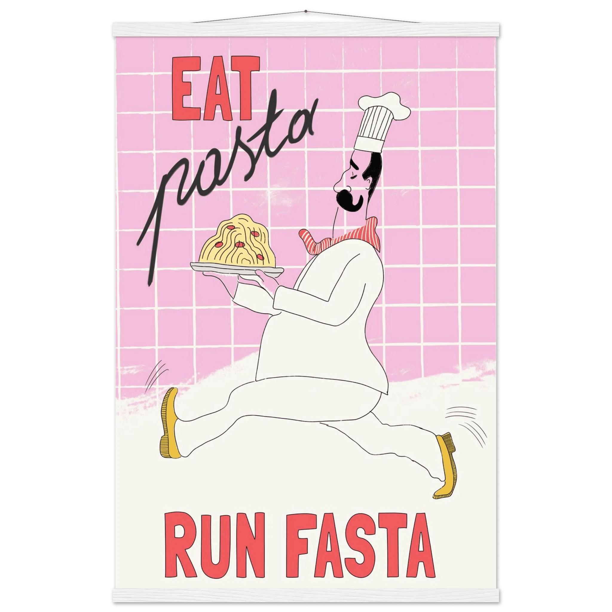 Eat Pasta Run Fasta Poster – Playful Kitchen Wall Art Print (Light Pink) - Evergreen Posters