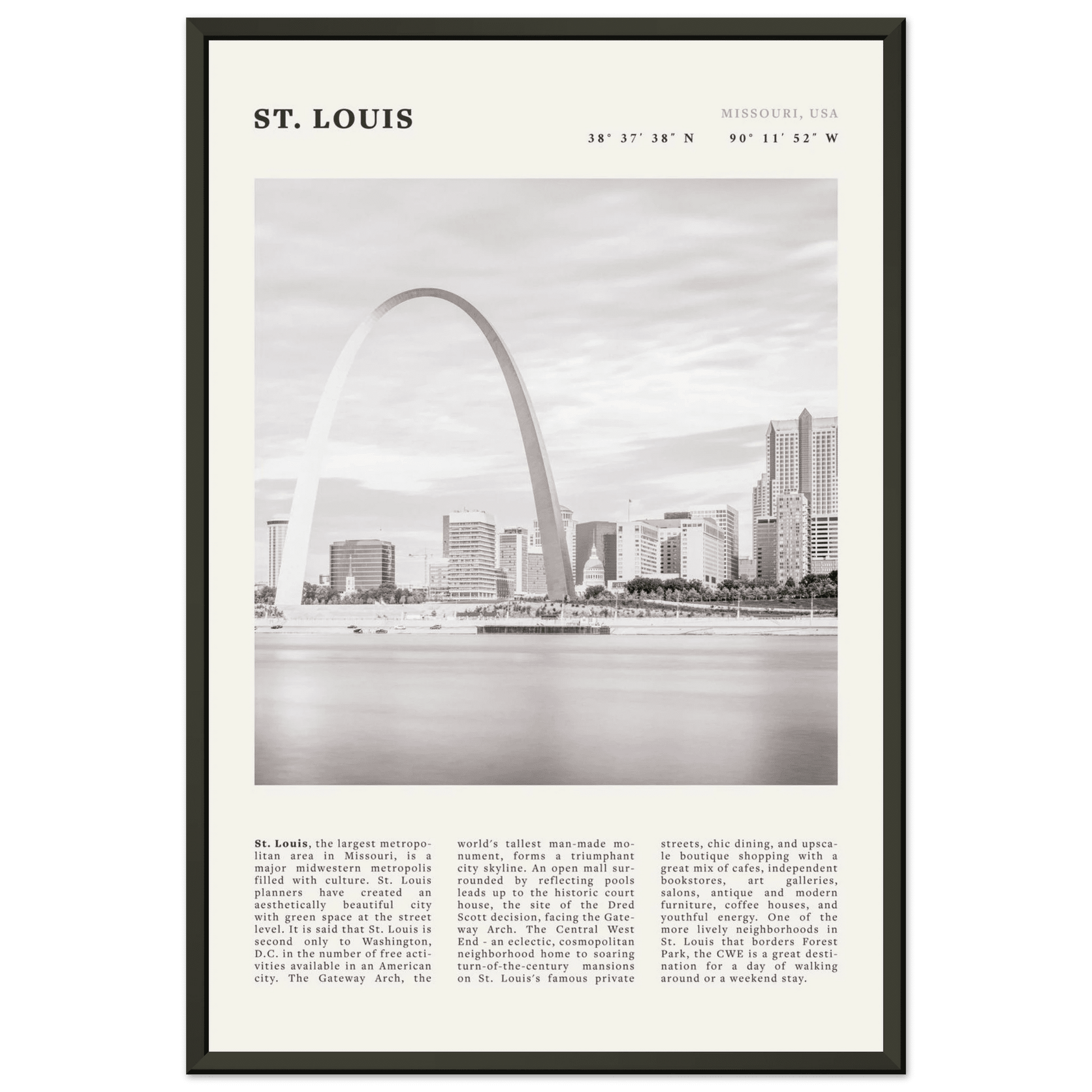 St. Louis Poster | Black & White Gateway Arch Wall Art | Missouri Travel Print - Evergreen Posters