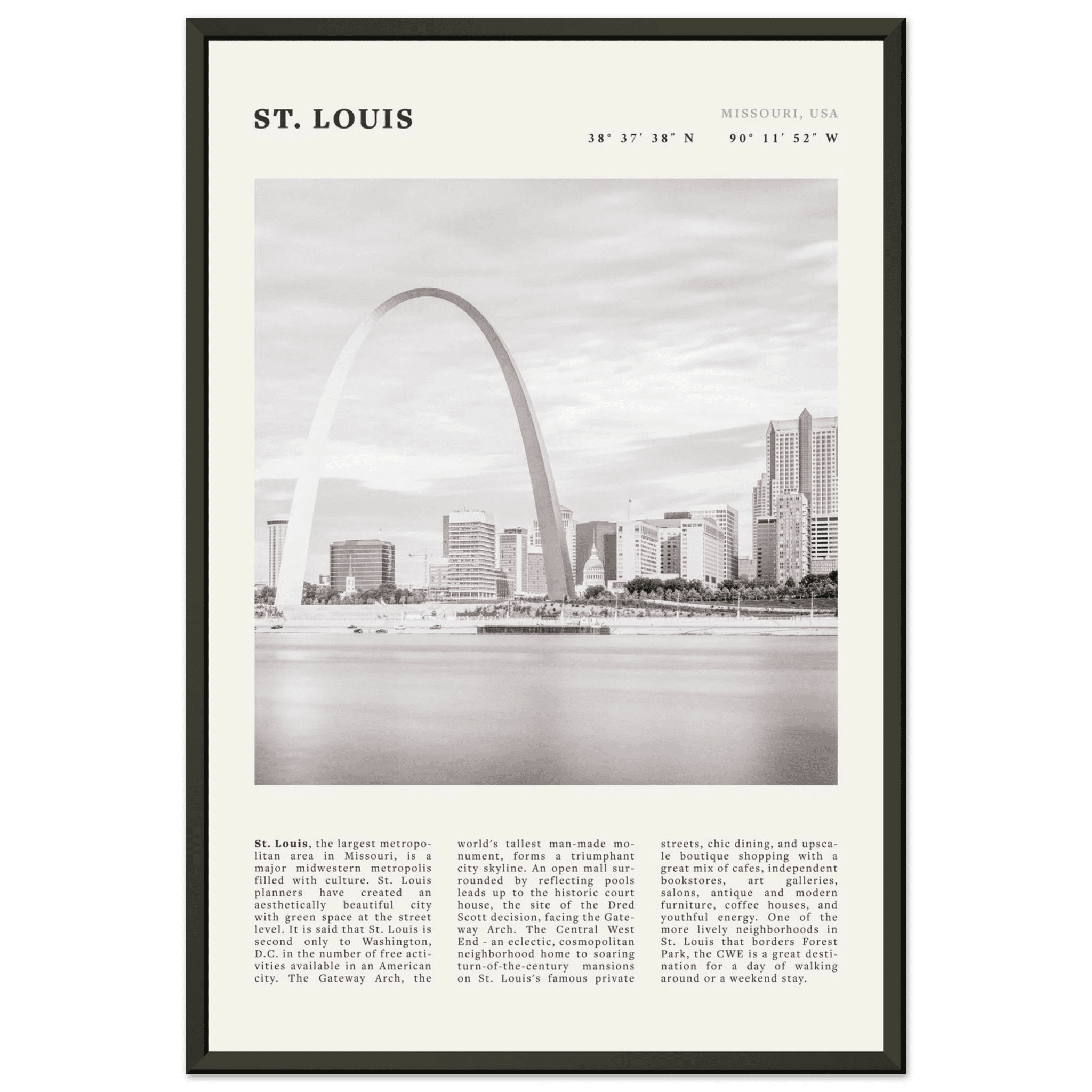 St. Louis Poster | Black & White Gateway Arch Wall Art | Missouri Travel Print - Evergreen Posters