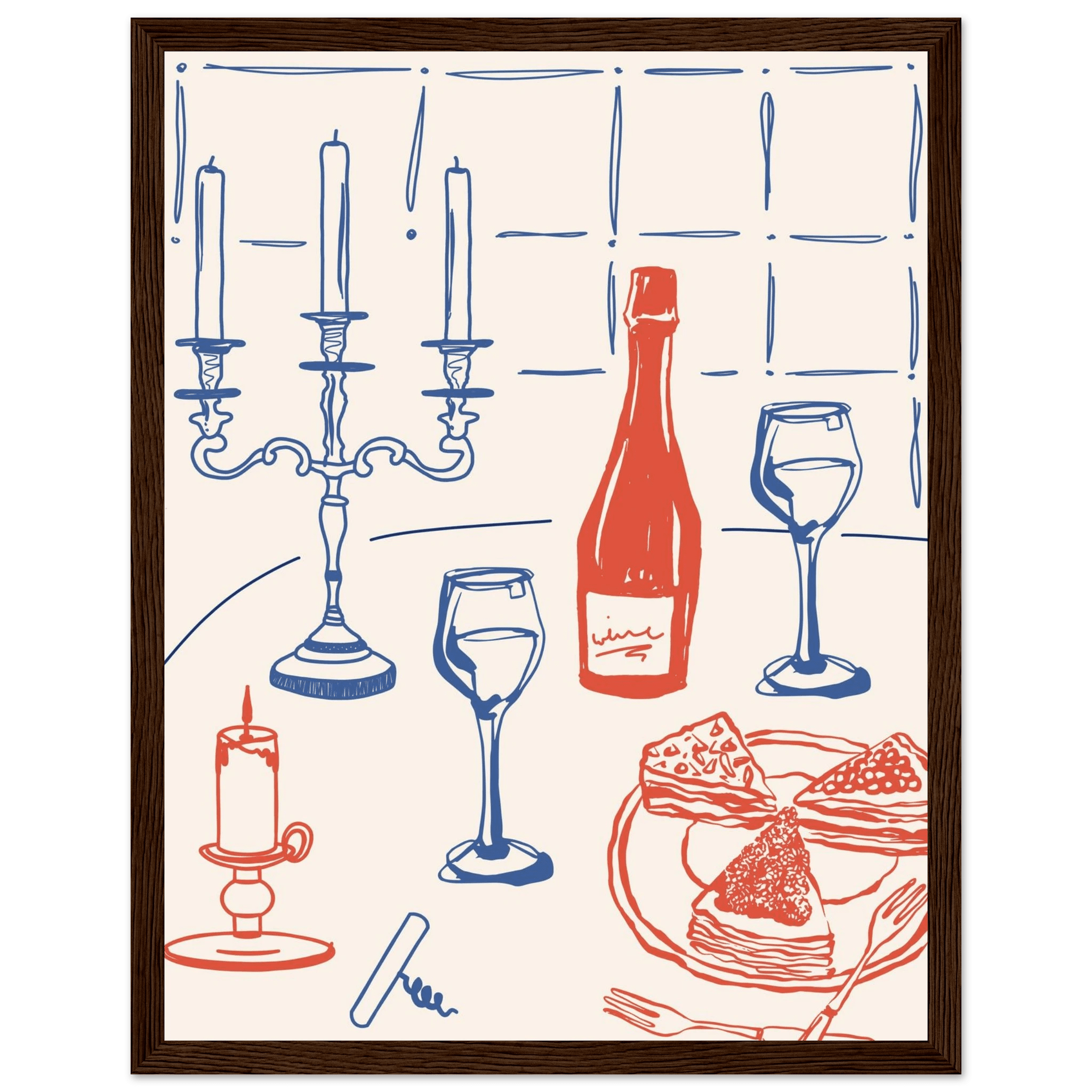 Candlelight Dinner Print | Wine & Candelabra Line Art Wall Art | Kitchen Poster - Evergreen Posters