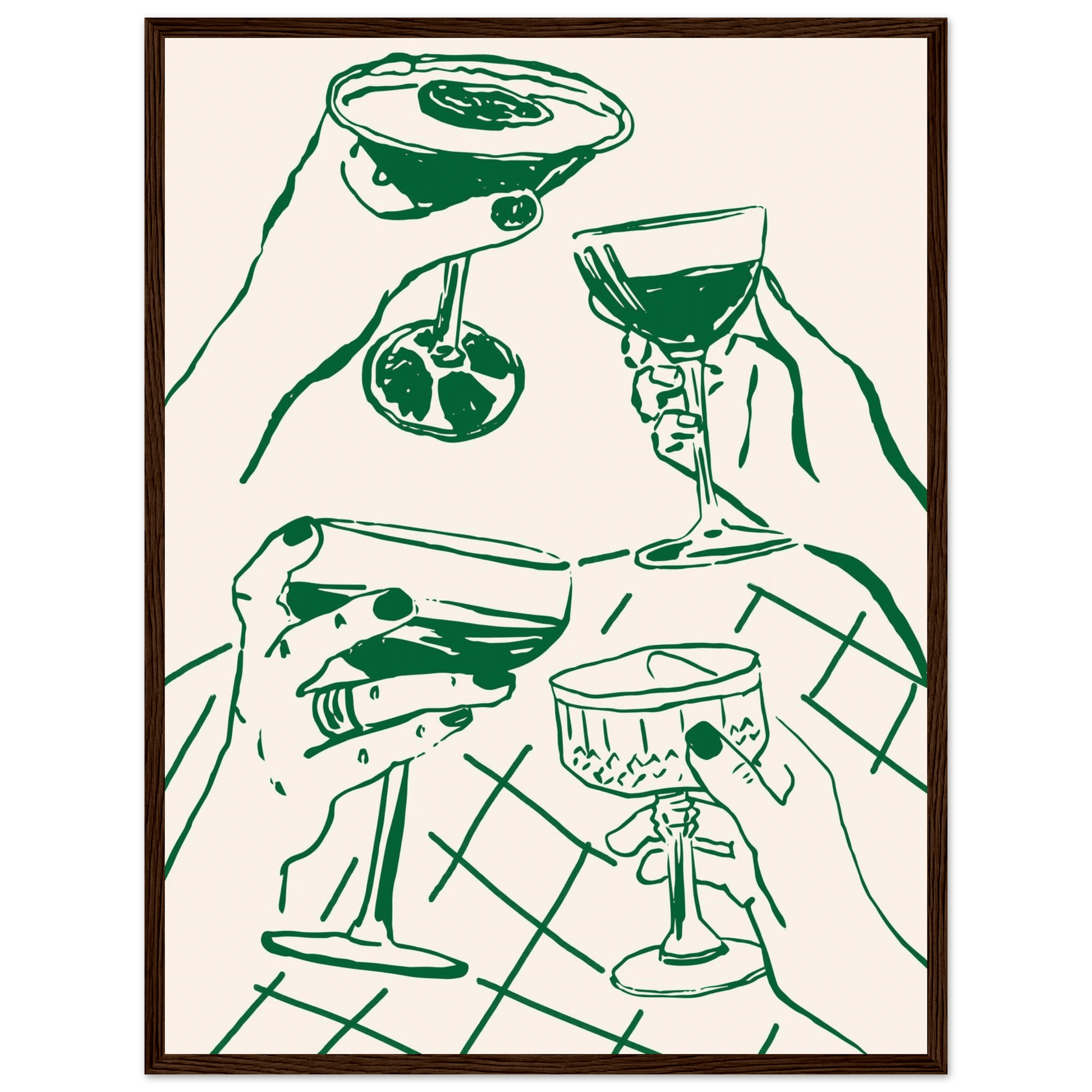 Cheers Print | Forest Green Cocktail Glasses Wall Art | Kitchen Bar Poster - Evergreen Posters