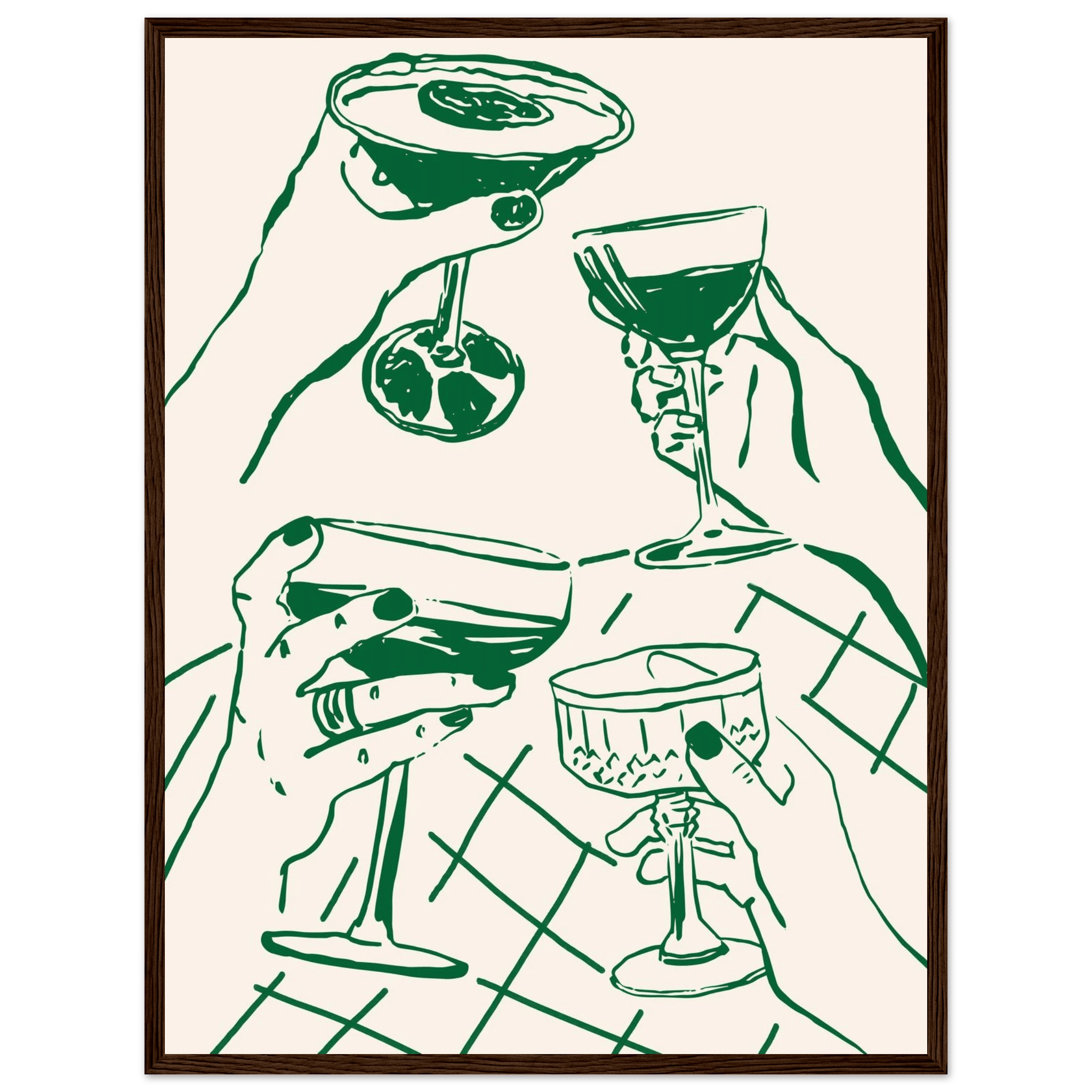 Cheers Print | Forest Green Cocktail Glasses Wall Art | Kitchen Bar Poster - Evergreen Posters