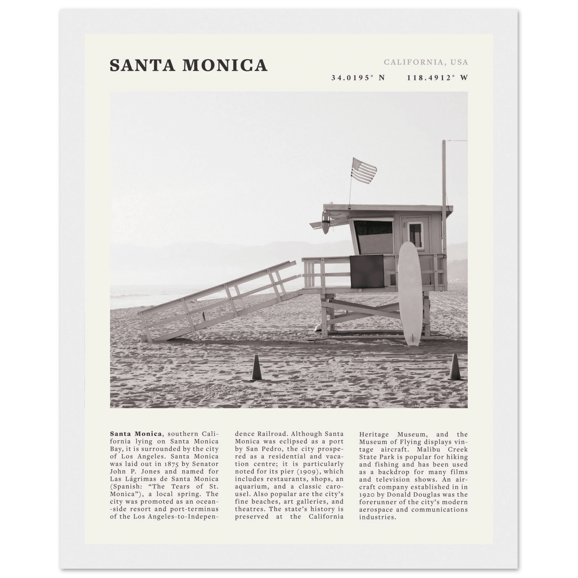Santa Monica Poster | Black & White California Wall Art | Beach Travel Print | Coastal Decor - Evergreen Posters
