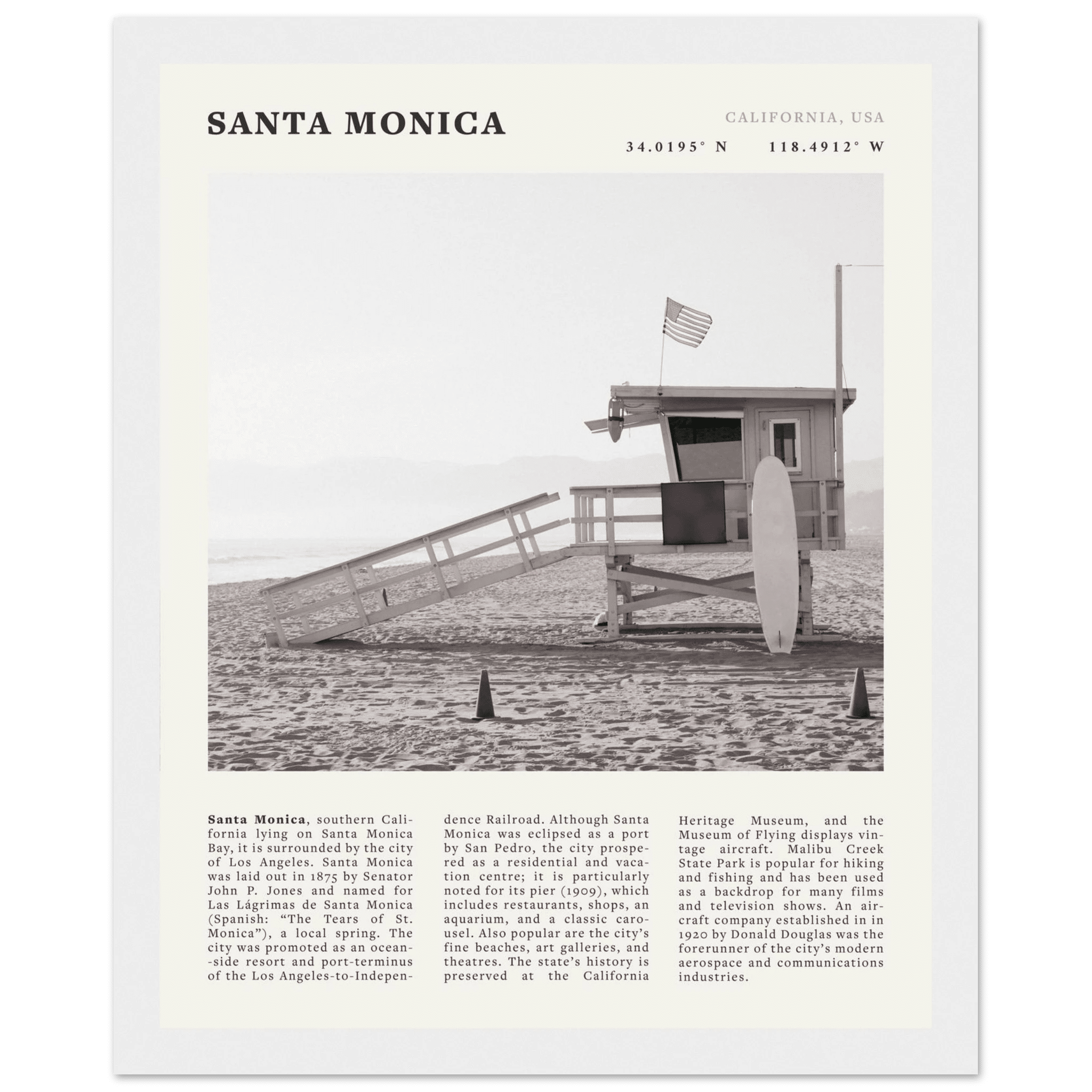 Santa Monica Poster | Black & White California Wall Art | Beach Travel Print | Coastal Decor - Evergreen Posters