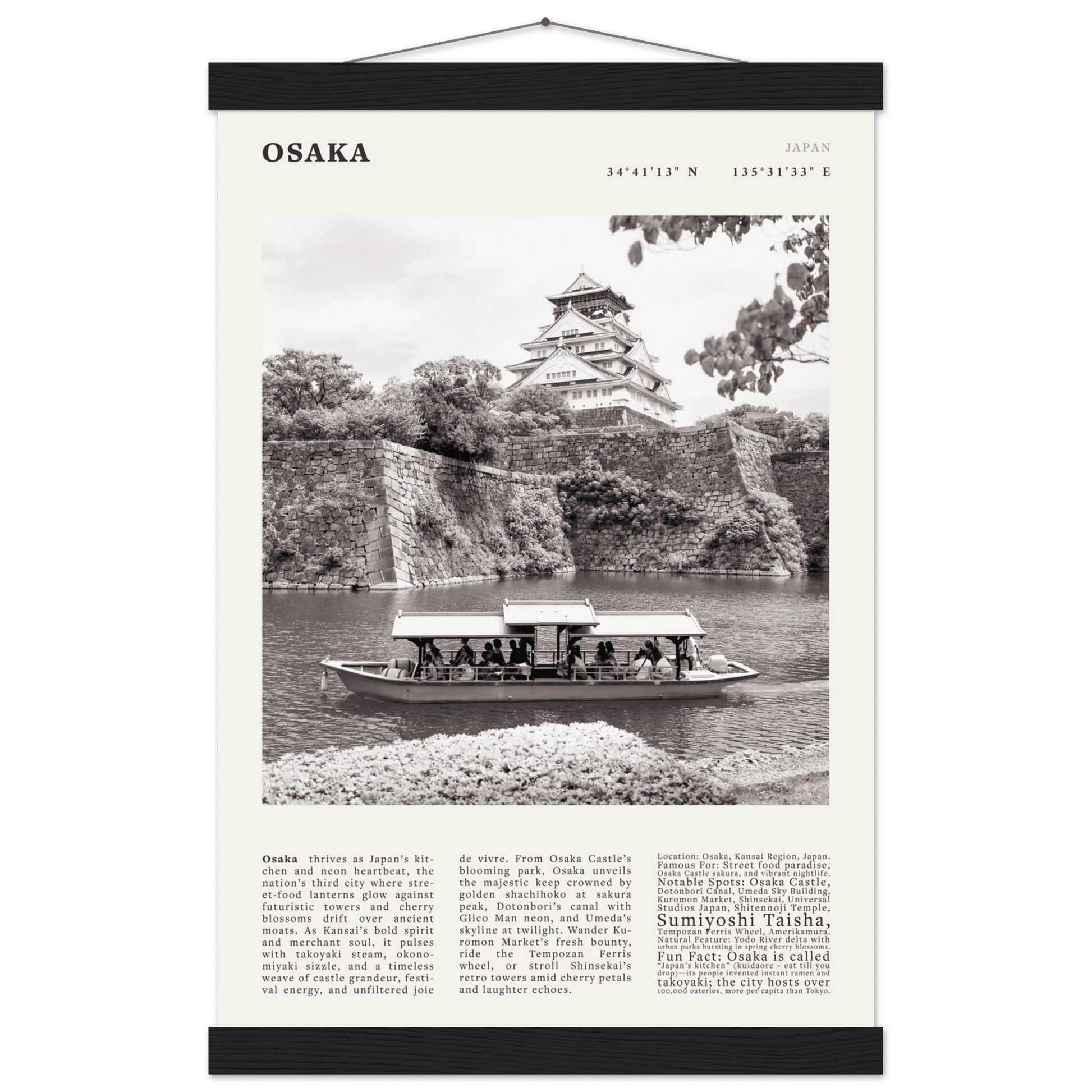 Osaka Poster Black and White – Vintage Osaka Castle Cherry Blossom Print (Digital & Printed Options) - Evergreen Posters