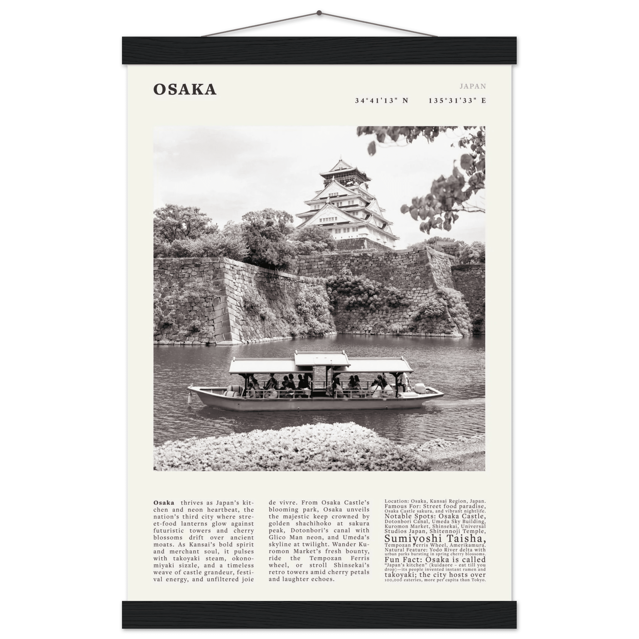 Osaka Poster Black and White – Vintage Osaka Castle Cherry Blossom Print (Digital & Printed Options) - Evergreen Posters
