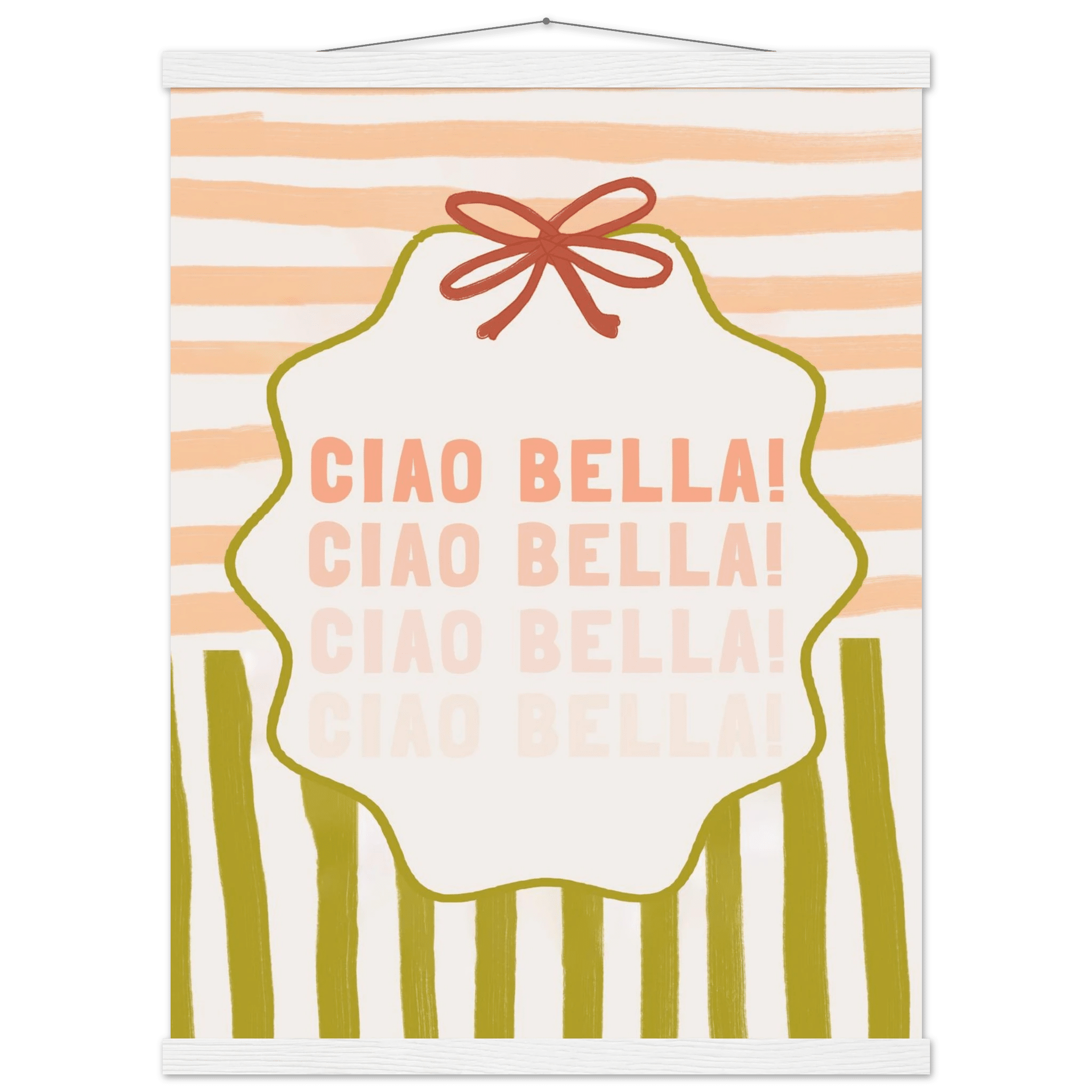 Ciao Bella Poster | Italian Typography Wall Art | Retro Stripe Bow Print | Cute Room Decor - Evergreen Posters