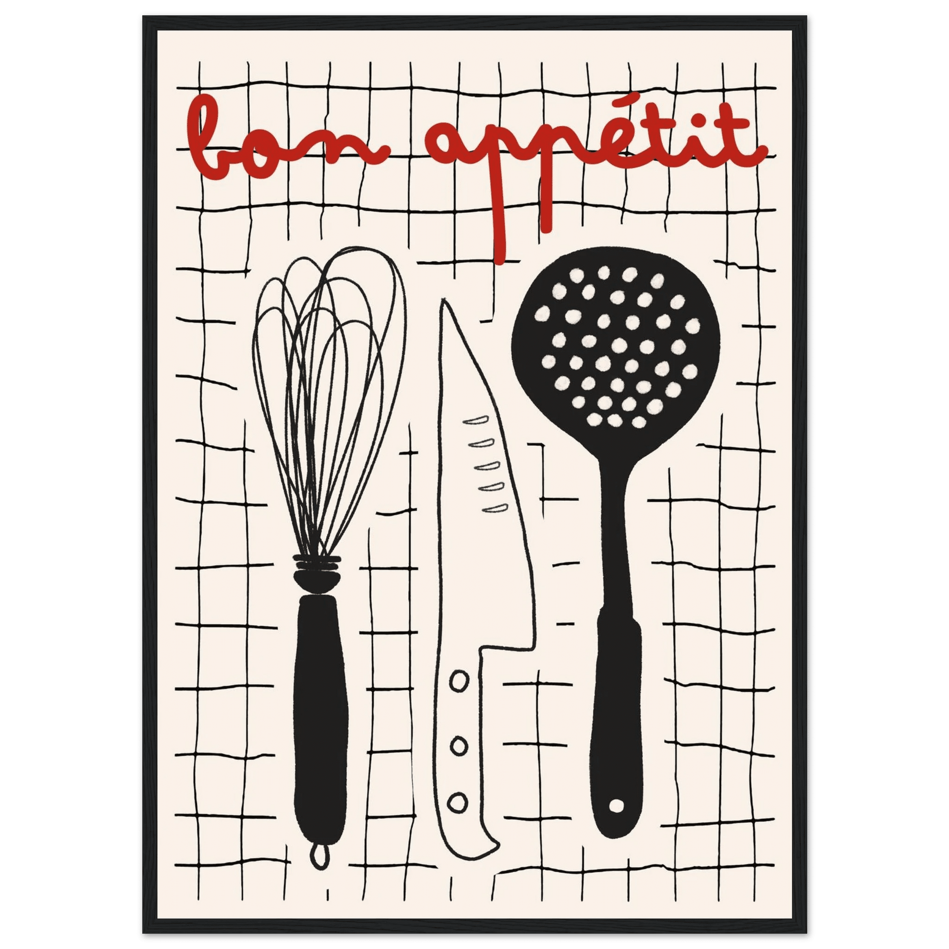 Bon Appétit French Kitchen Print | Bold Black Red Wall Art Poster - Evergreen Posters
