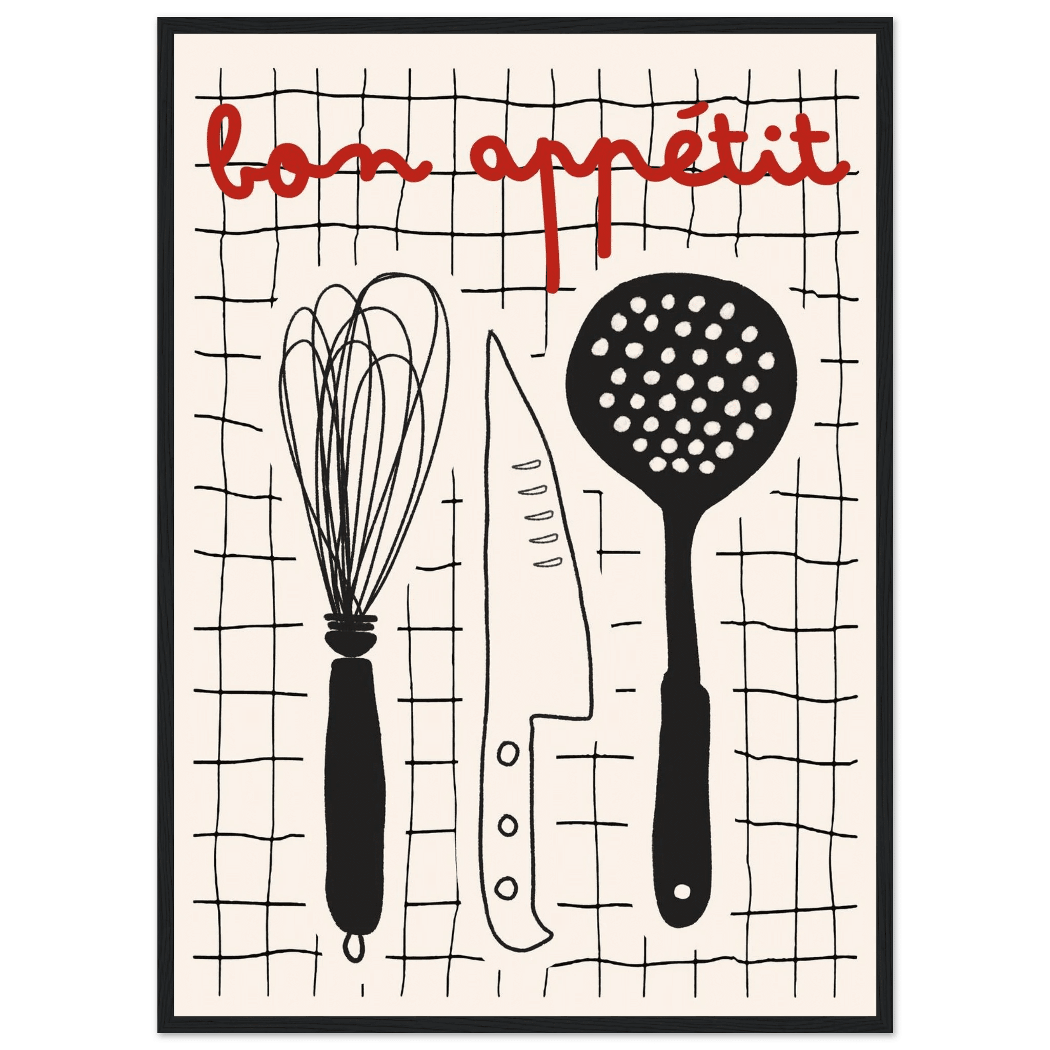 Bon Appétit French Kitchen Print | Bold Black Red Wall Art Poster - Evergreen Posters