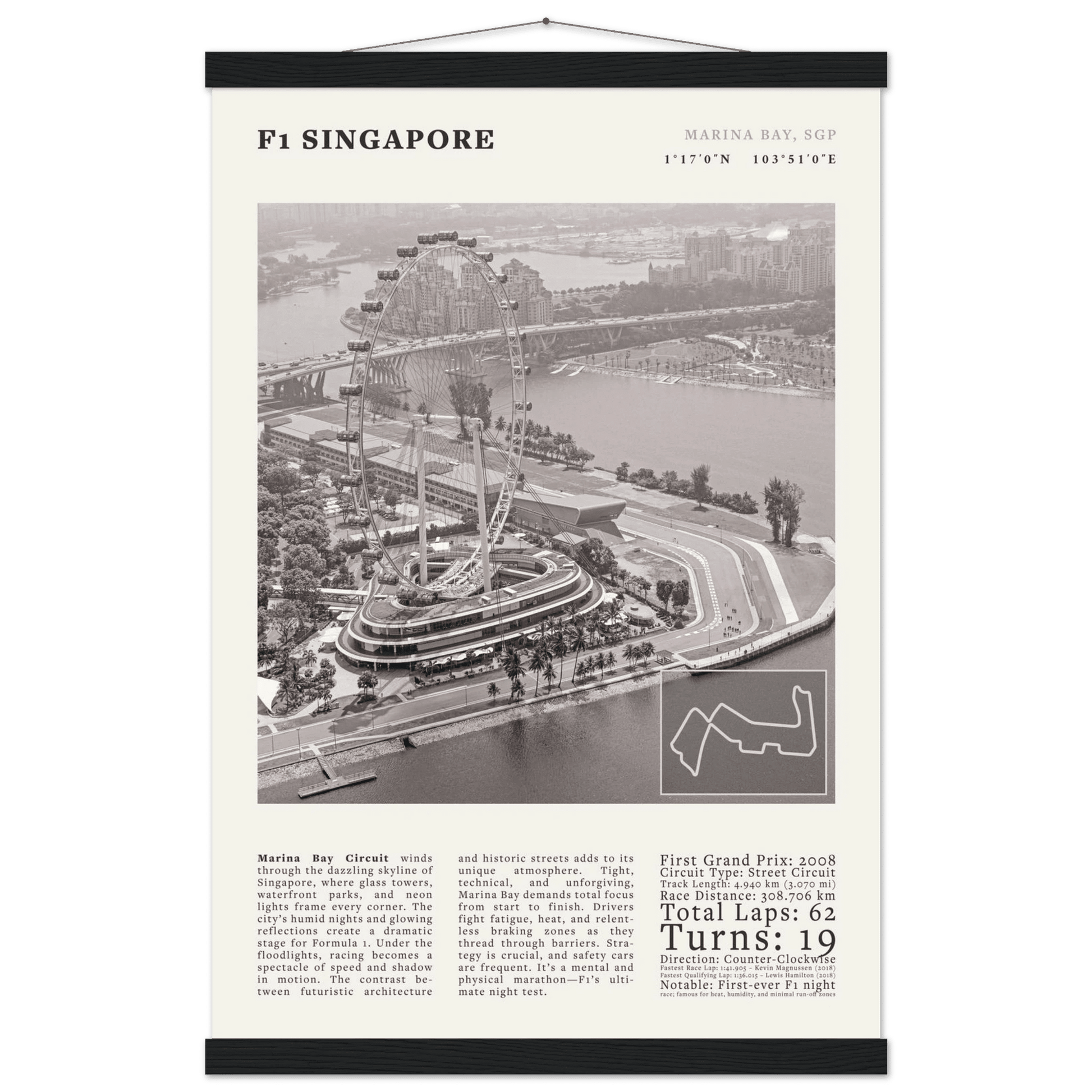F1 Singapore Poster Black and White – Vintage Marina Bay Night Race Print (Digital & Printed Options) - Evergreen Posters