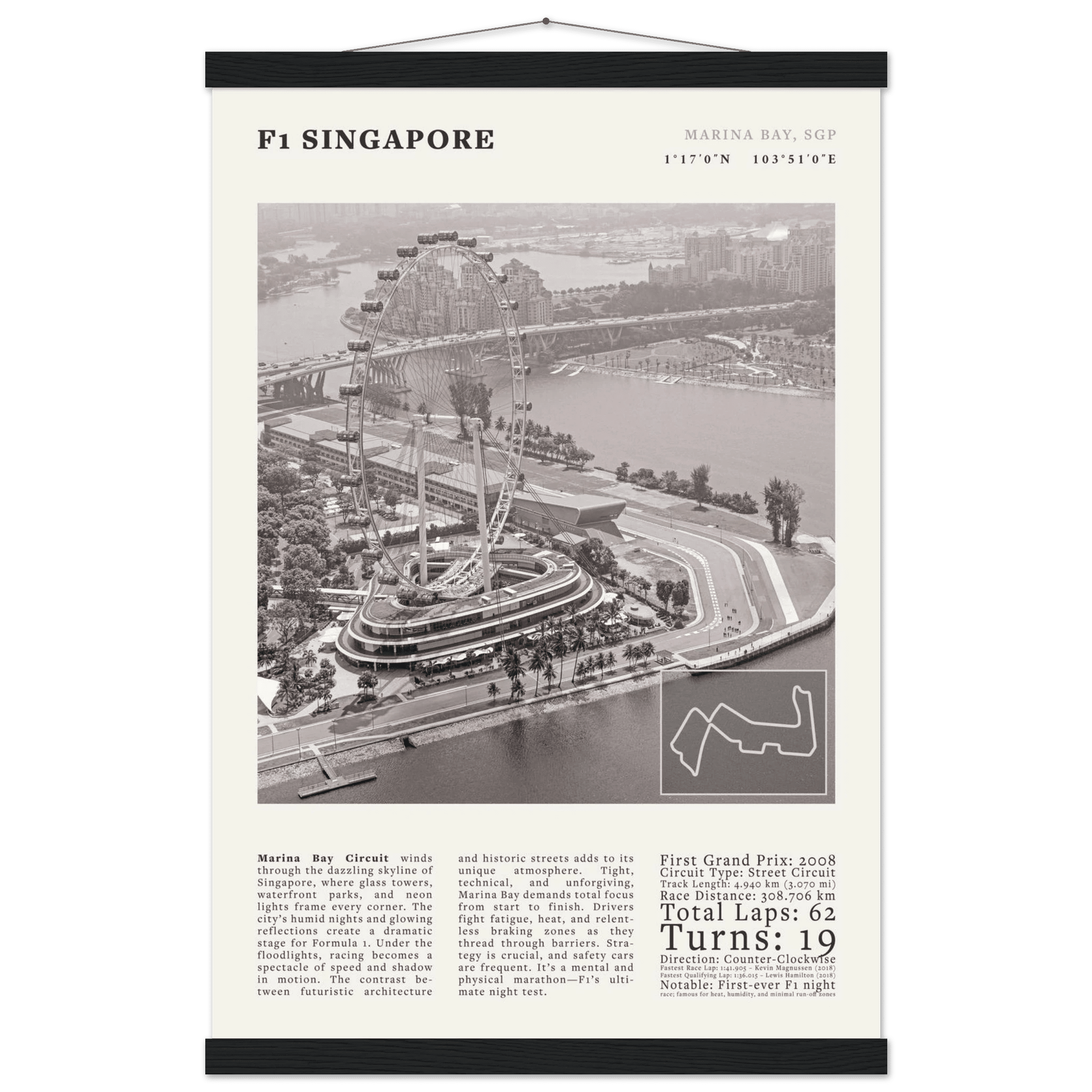 F1 Singapore Poster Black and White – Vintage Marina Bay Night Race Print (Digital & Printed Options) - Evergreen Posters
