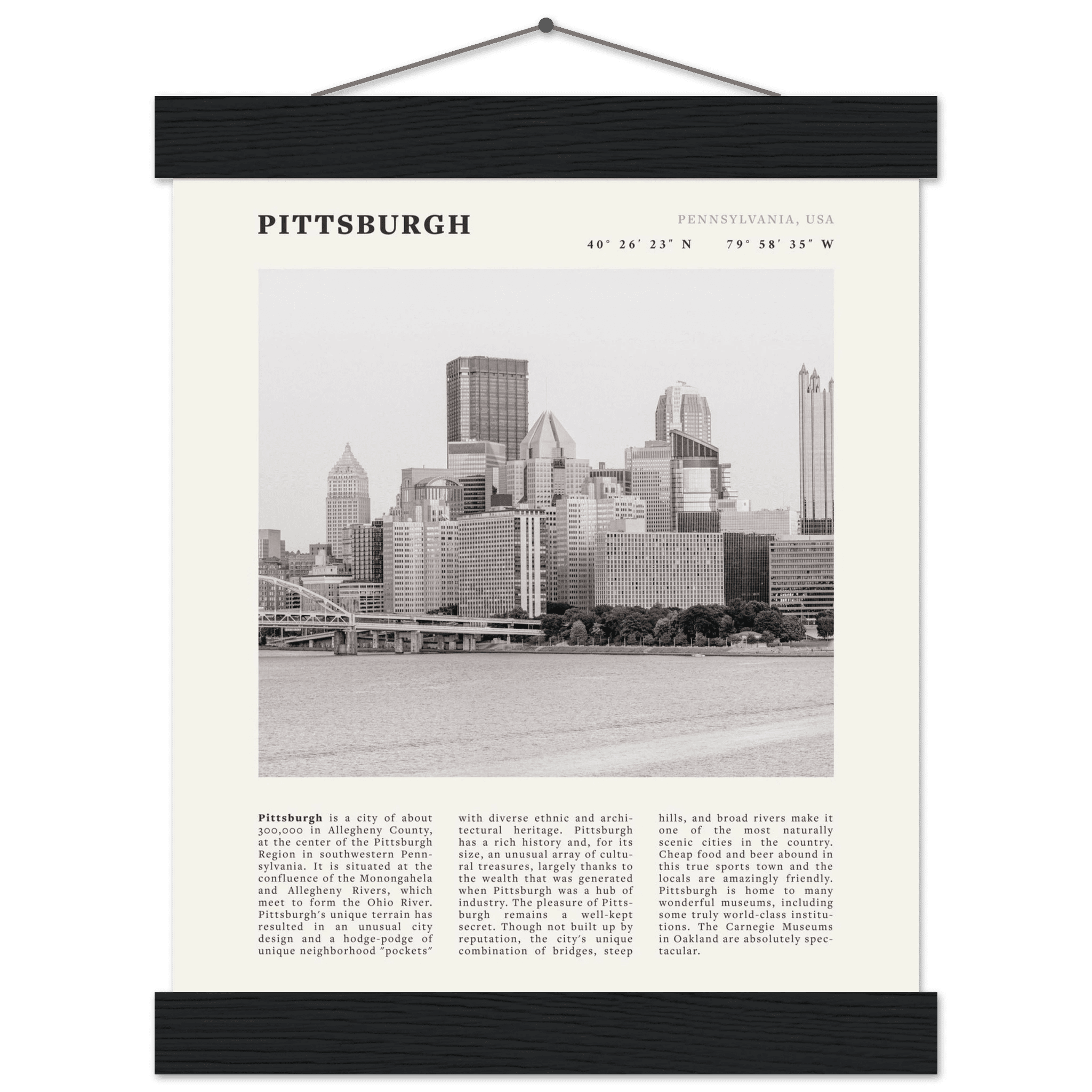 Pittsburgh Poster | Black & White Pennsylvania Skyline Wall Art | PA Travel Print - Evergreen Posters