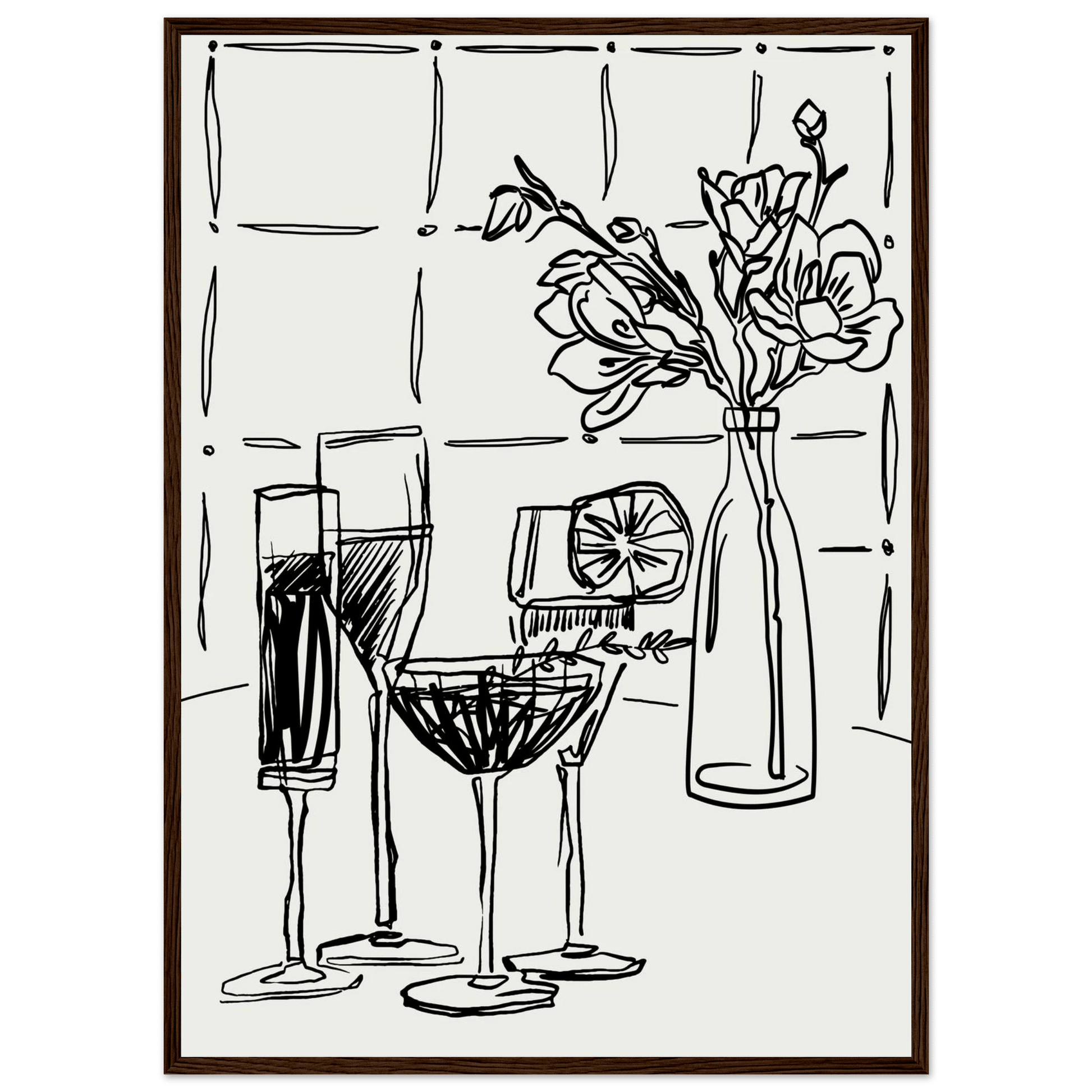 Cocktails & Flowers Print | Black Line Art Drinks Wall Art | Kitchen Bar Poster - Evergreen Posters