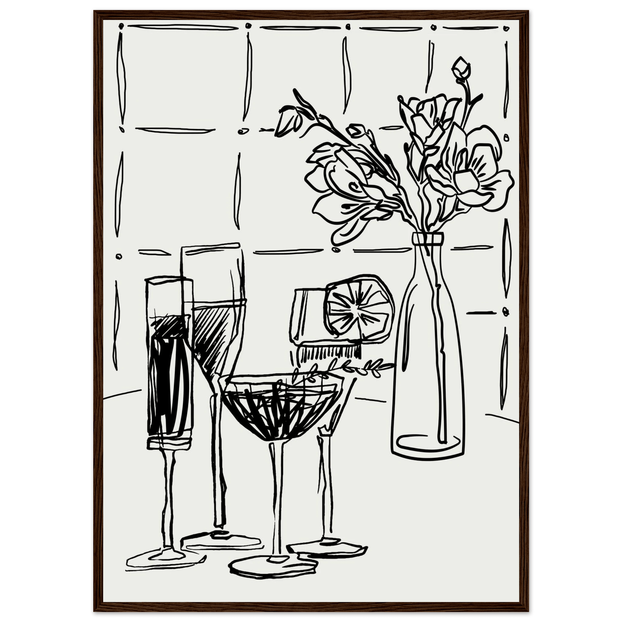Cocktails & Flowers Print | Black Line Art Drinks Wall Art | Kitchen Bar Poster - Evergreen Posters