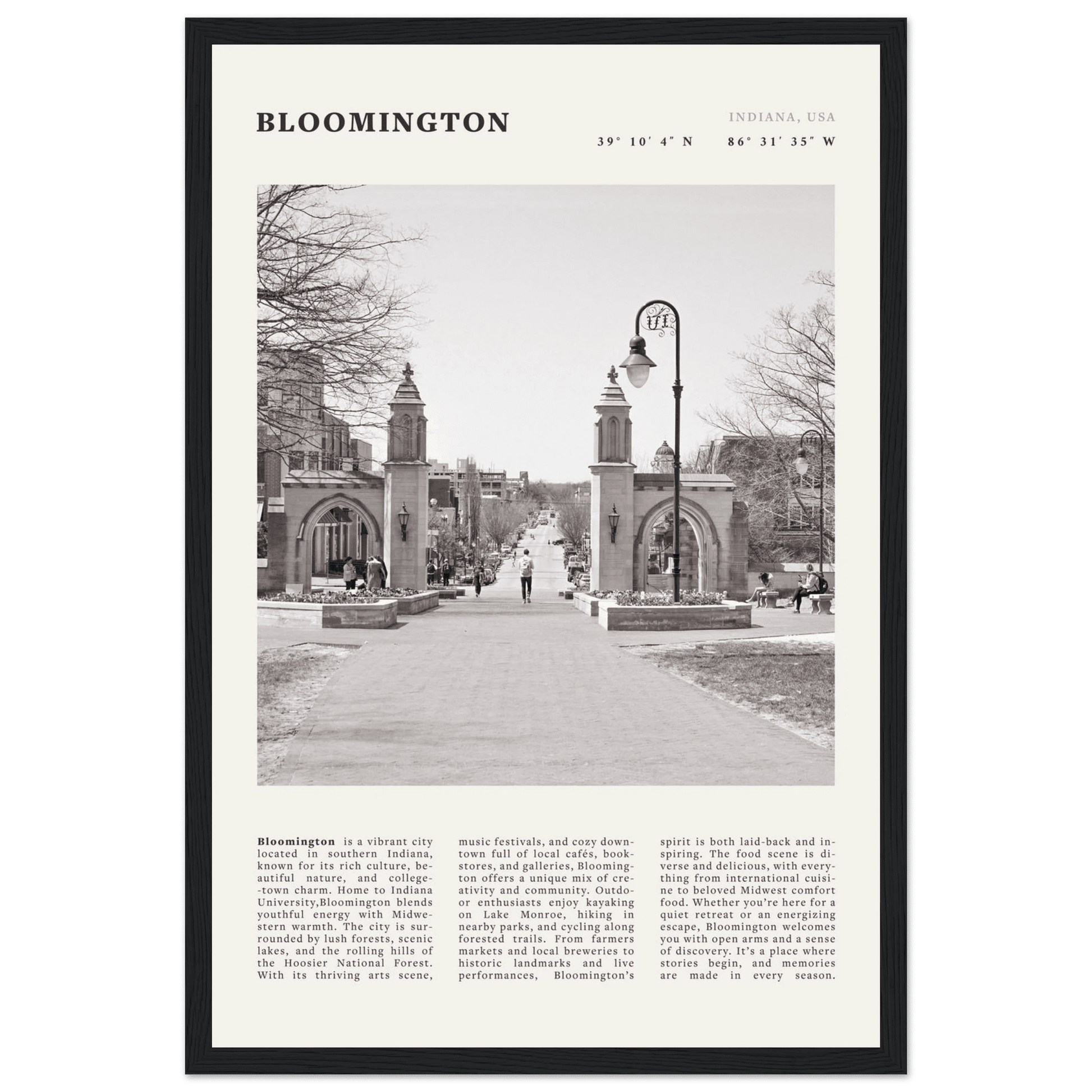 Bloomington Indiana Black and White Vintage Poster - Evergreen Posters